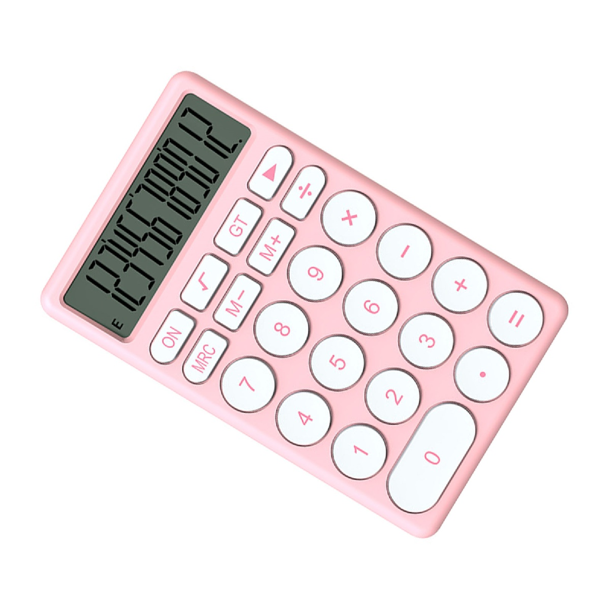 Ein pinkfarbener Taschenrechner mit weißen Tasten und einem Display, das Zahlen anzeigt. Er ist schräg positioniert.