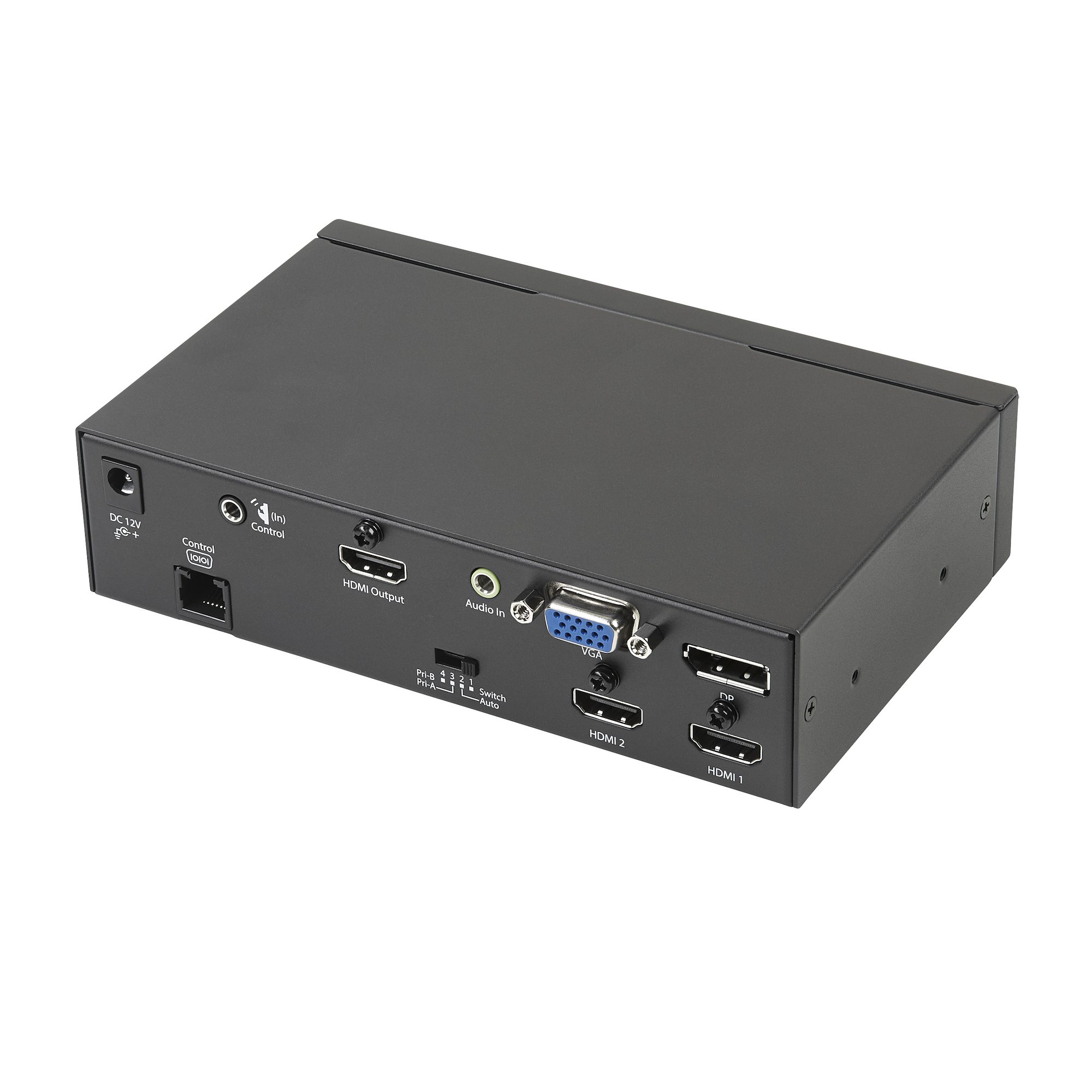 Switch HDMI nero con più porte, tra cui HDMI, VGA e audio in/out.