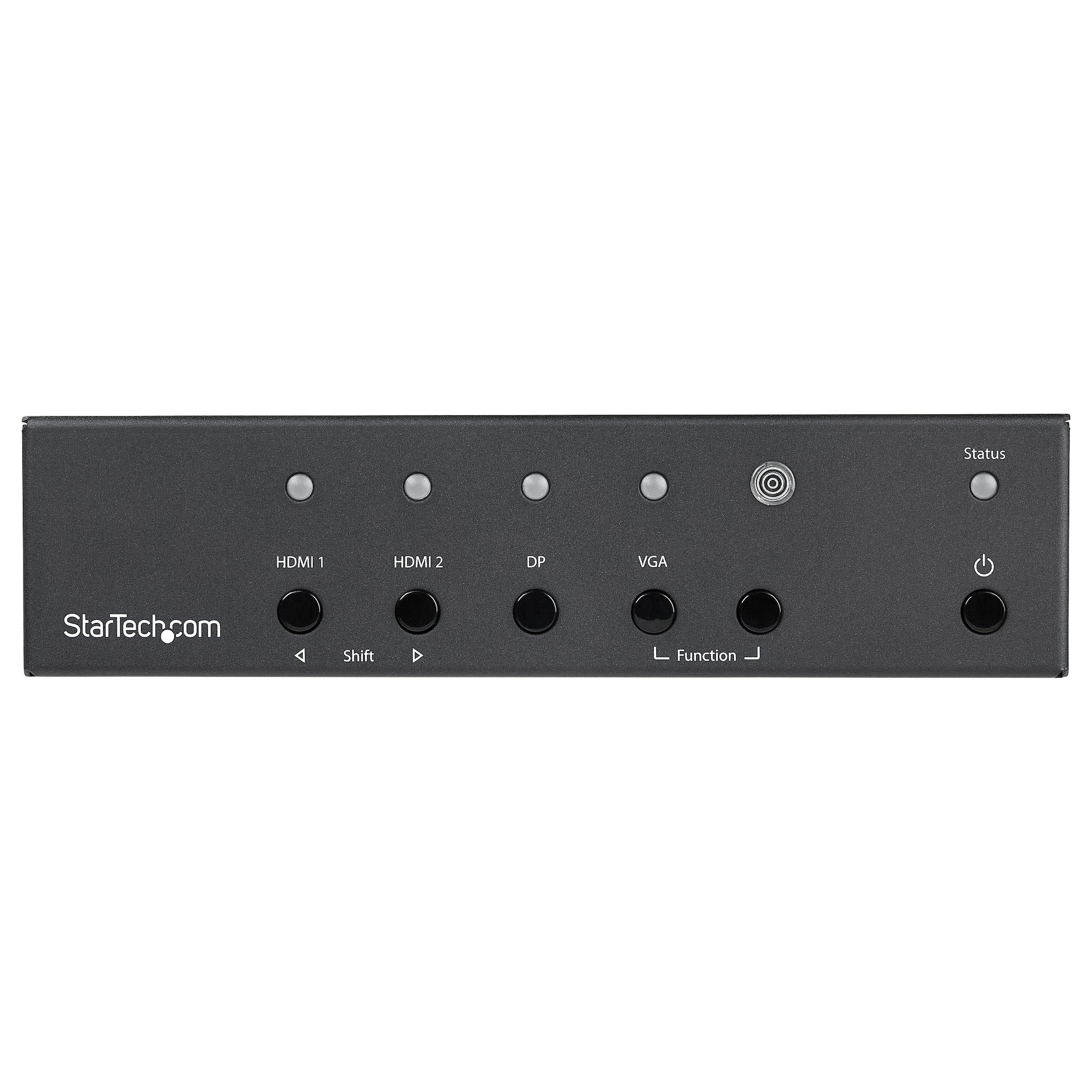 Un dispositivo StarTech.com nero con porte HDMI, DP e VGA e una spia di stato.