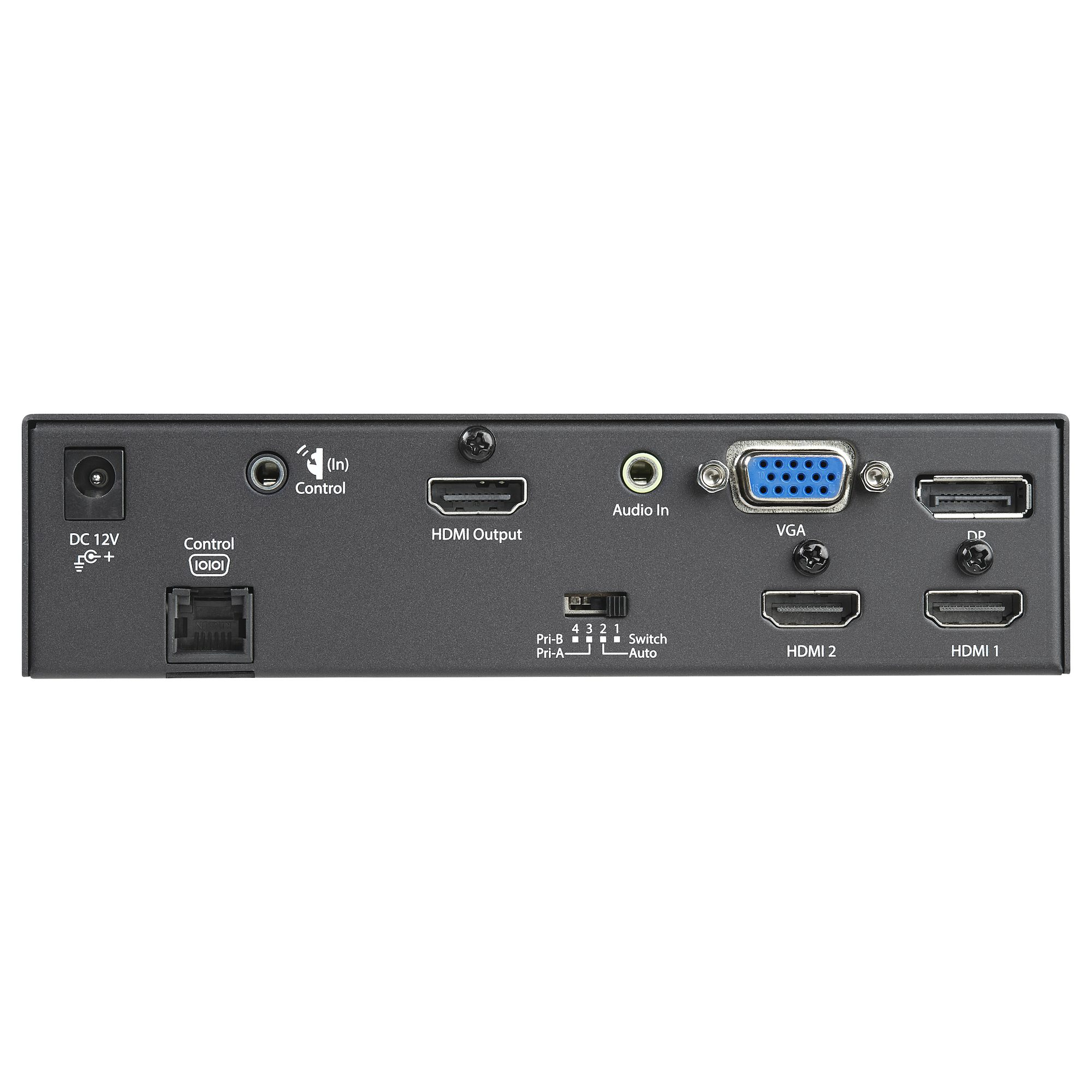 Vista posteriore di un dispositivo nero con porte HDMI, VGA, DP e altro, inclusi controllo e audio.