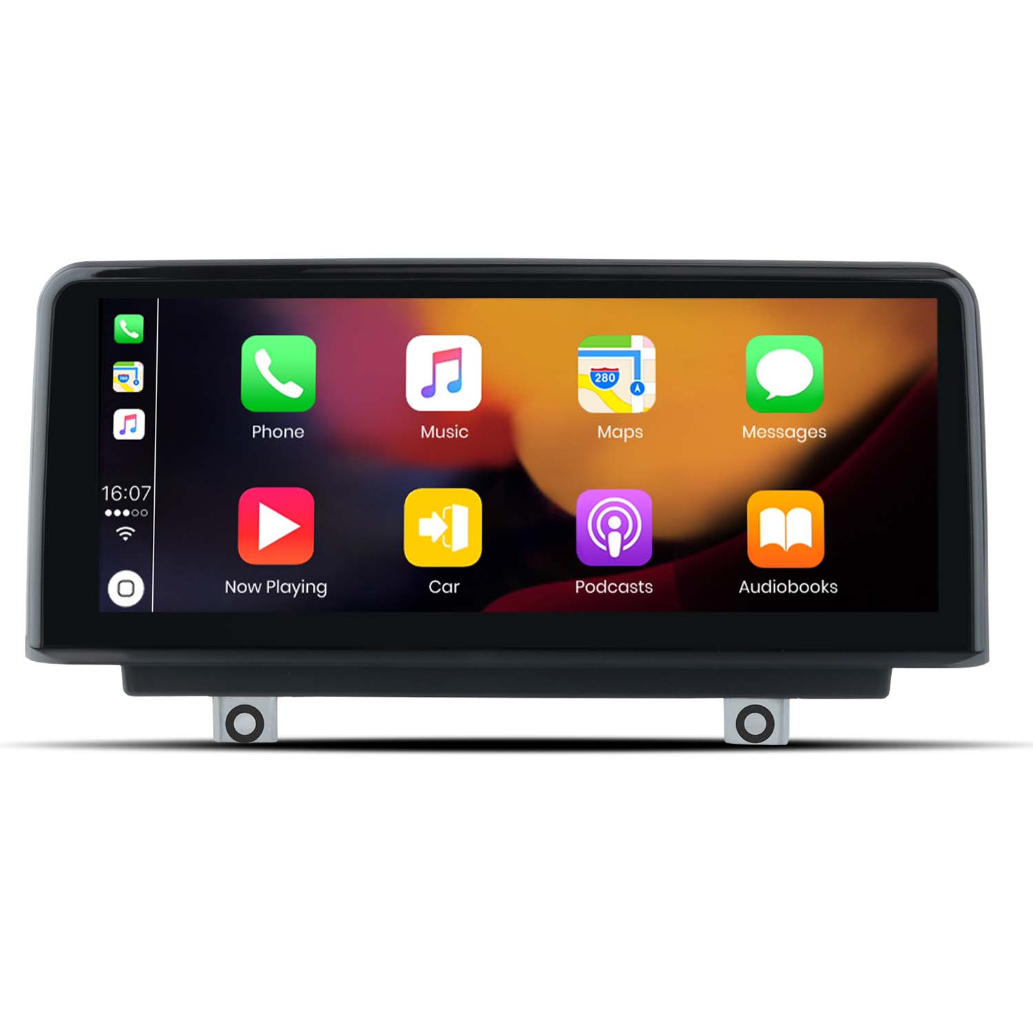 Auto-Dashboard mit Symbolen für Telefon, Musik, Karten und andere Apps. Der Hintergrund ist weiß.