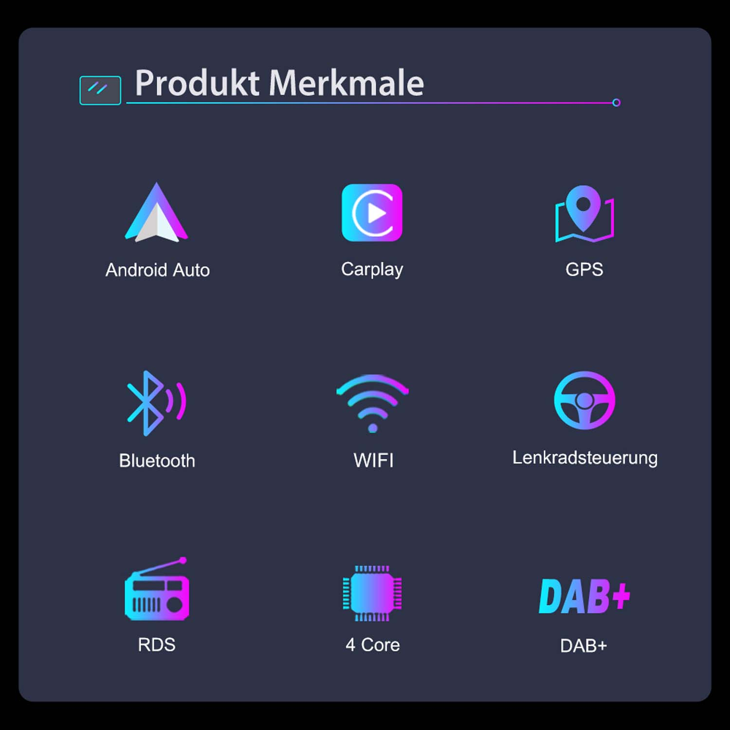 Symbole für Android Auto, CarPlay, GPS, Bluetooth, Wi-Fi, Lenkrad, RDS, 4 Core und DAB+.