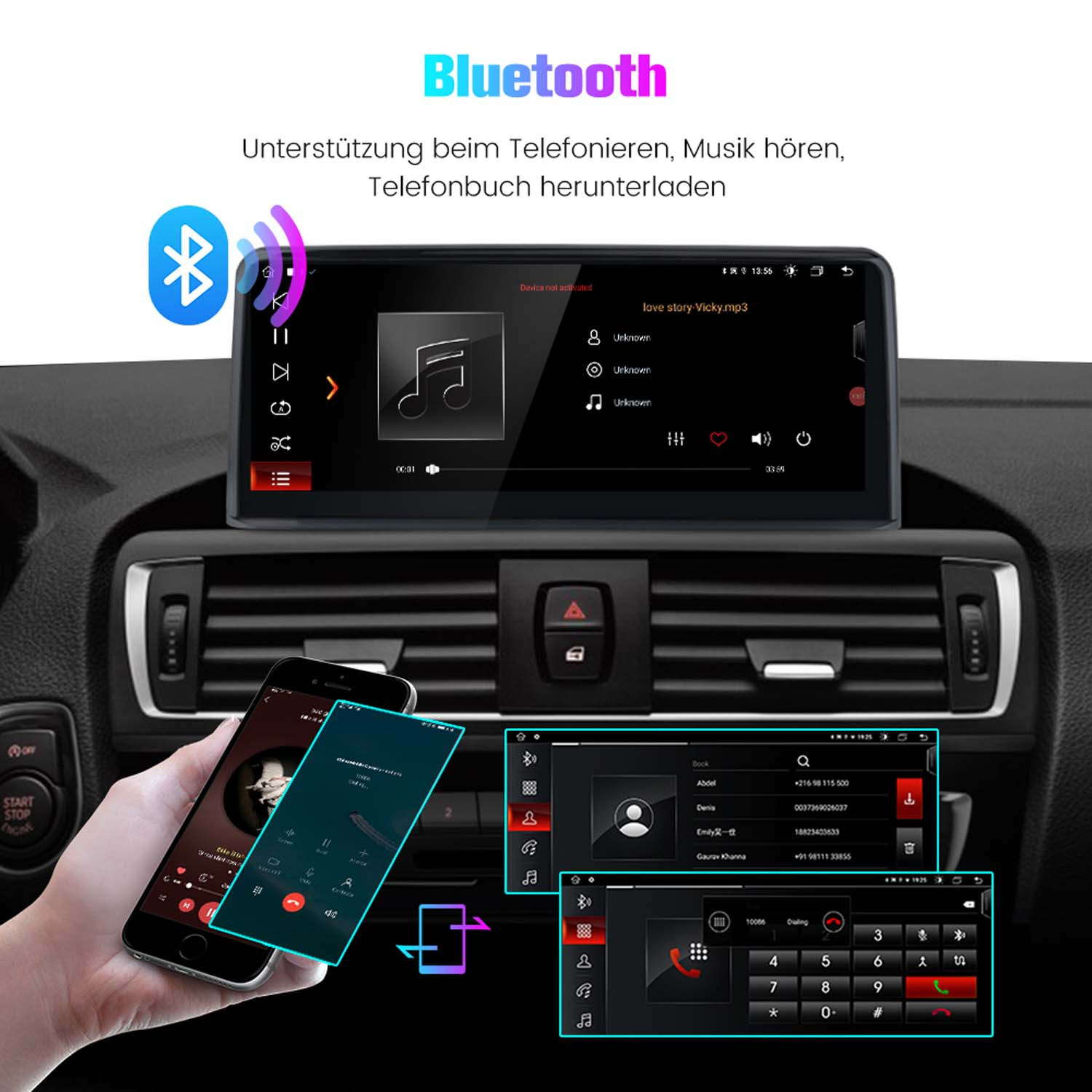 Auto-Armaturenbrett mit Telefon-Oberflächen. Hand zeigt Musik-Oberfläche. Bluetooth-Symbol vorhanden.