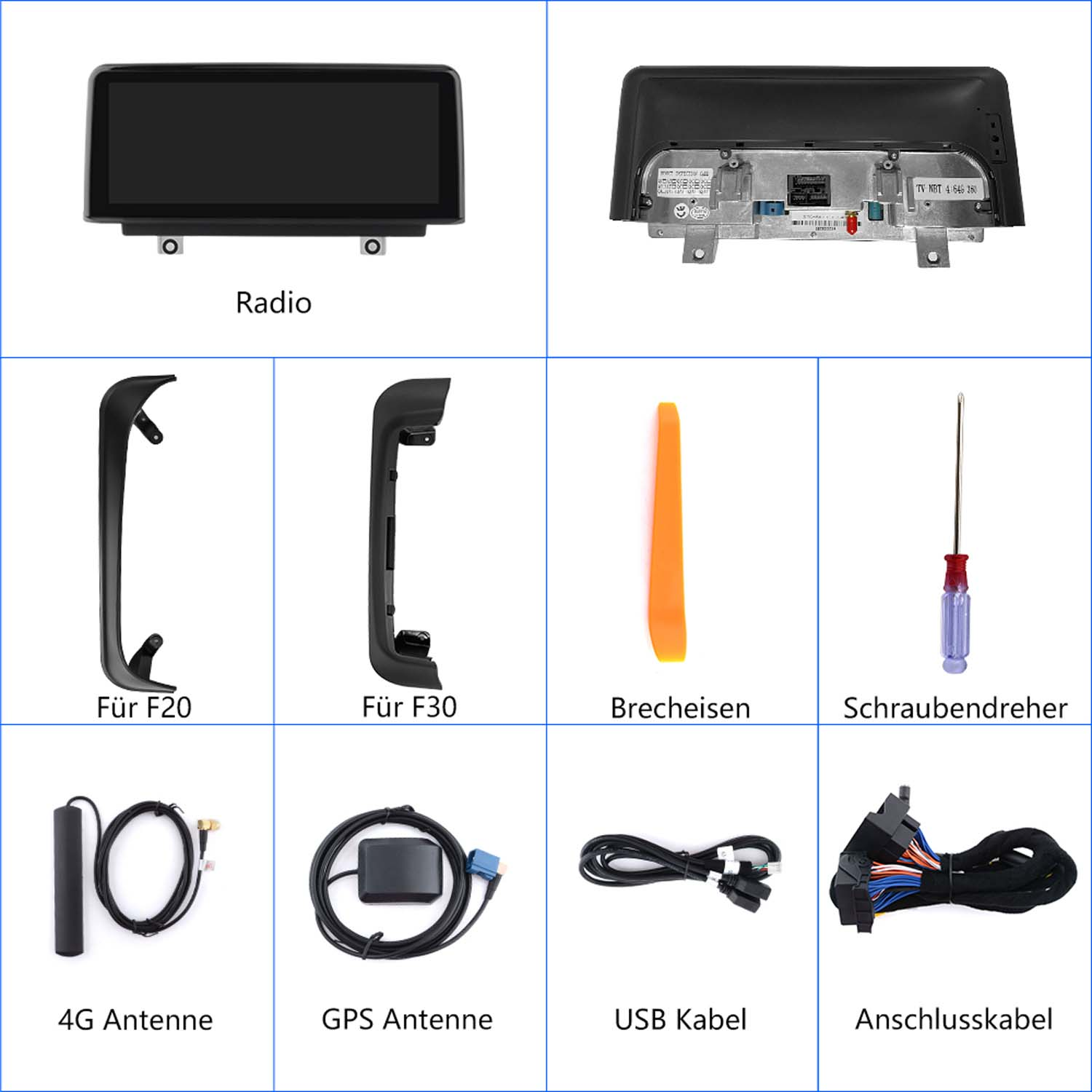 Verschiedene Autoradio-Komponenten auf blauem Hintergrund. Enthält ein Radio, Antennen und Anschlusskabel.