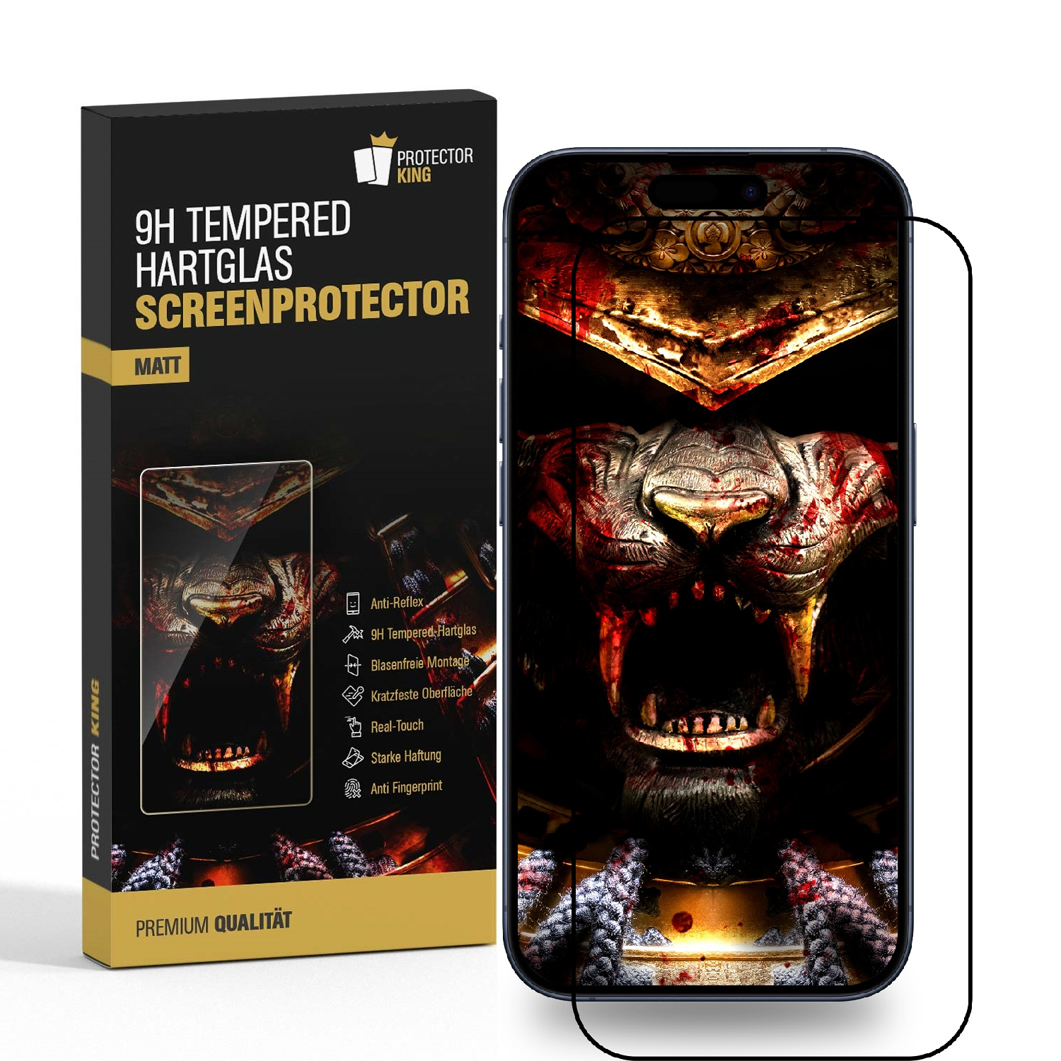 Ein Telefon mit Displayschutz und eine Box mit dem Schutz. Der Bildschirm zeigt ein Tigerbild.