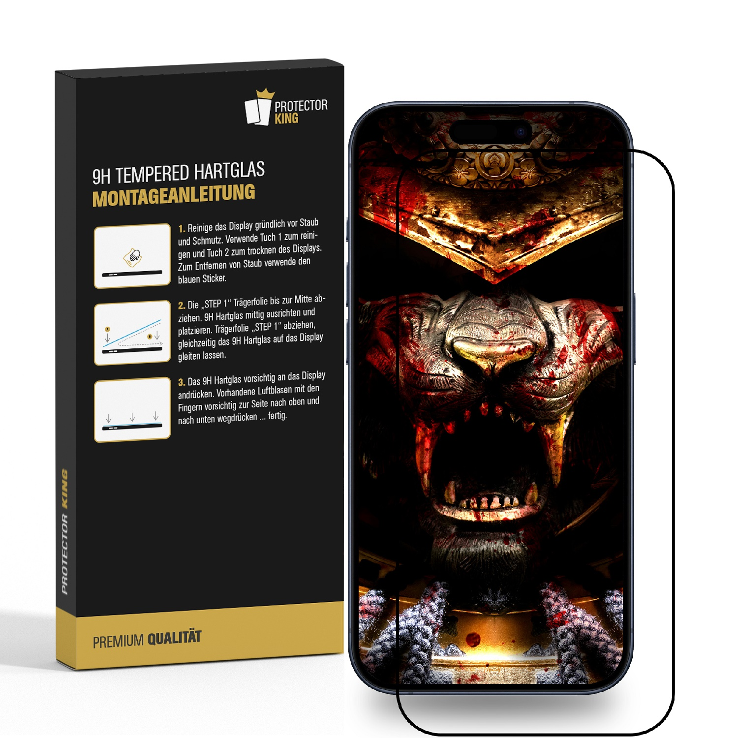Ein Telefon mit Displayschutz und einer Box.