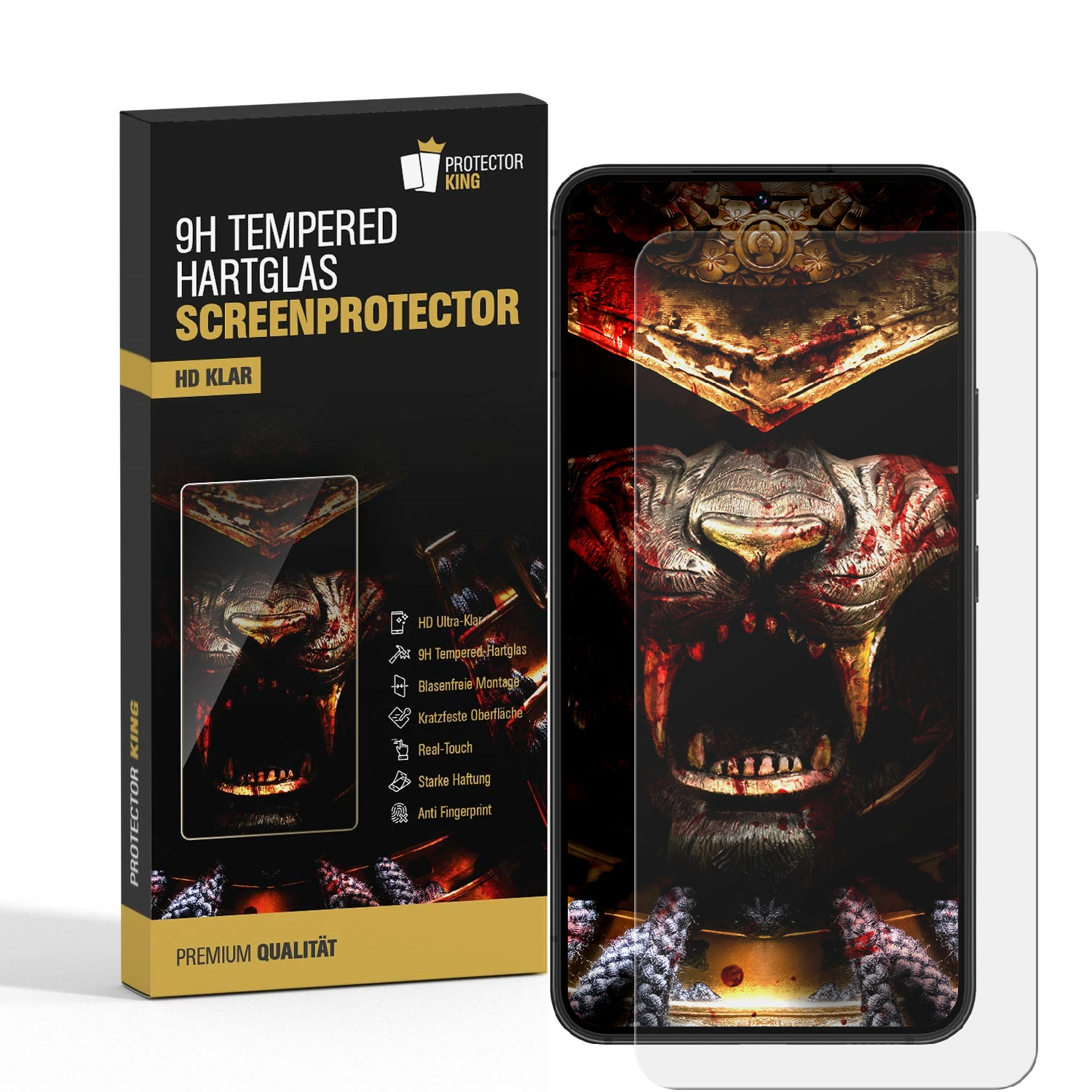 Ein Telefon mit Displayschutz und eine Box mit dem Schutz. Der Bildschirm zeigt ein Tigerbild.