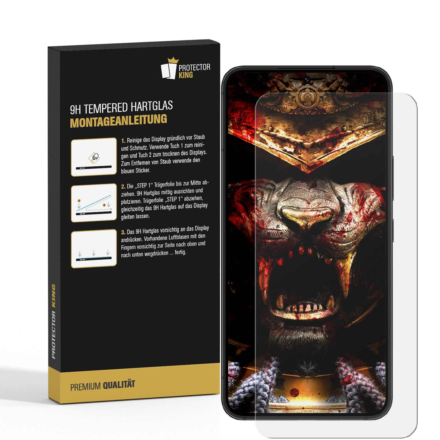 Telefon, Displayschutz und Anleitung. Das Telefon liegt auf einem Schreibtisch mit Displayschutz.