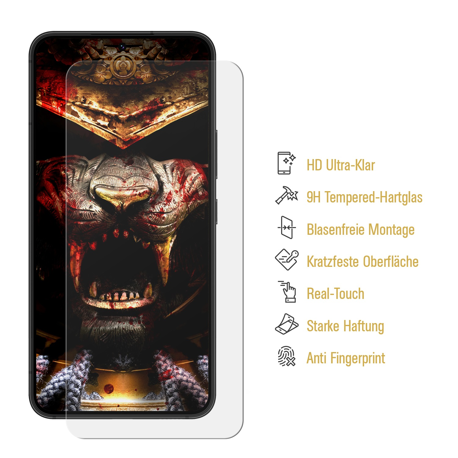 Smartphone mit Displayschutzfolie, die ein Löwengesicht zeigt, und Icons mit Text.