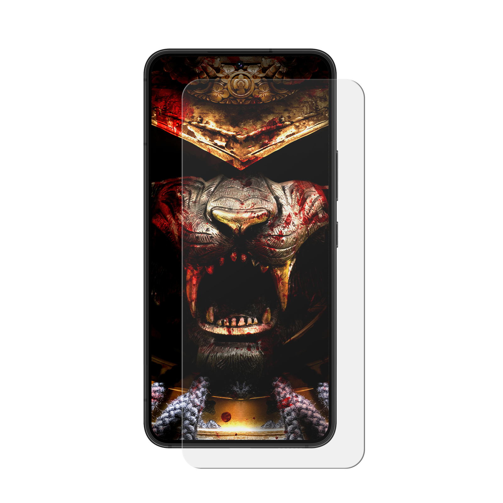 Telefon mit Displayschutz. Der Bildschirm zeigt ein gruseliges blutiges Wesen.