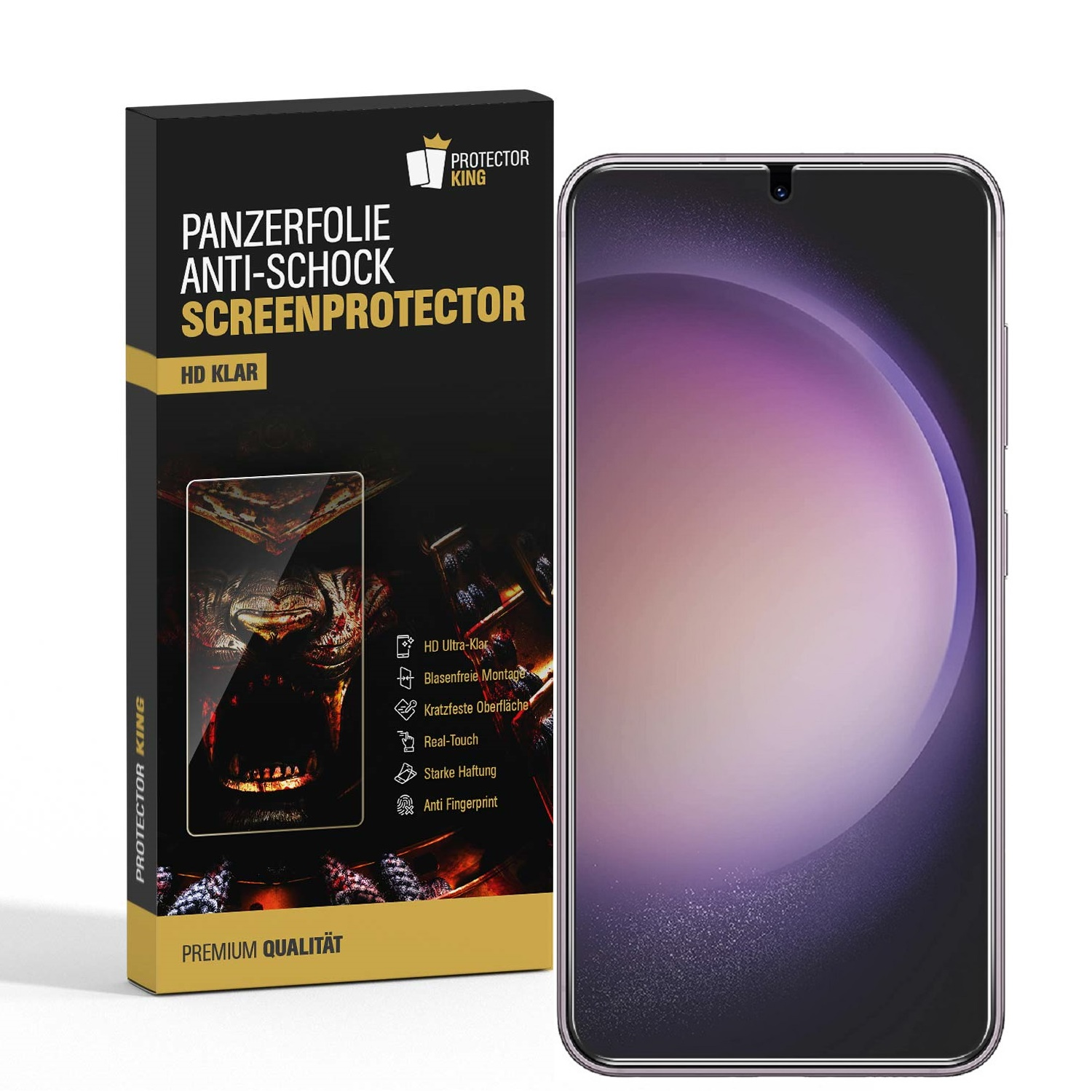 Ein Telefon mit Displayschutzfolie neben der Box. Die Box ist schwarz und trägt SCREENPROTECTOR.