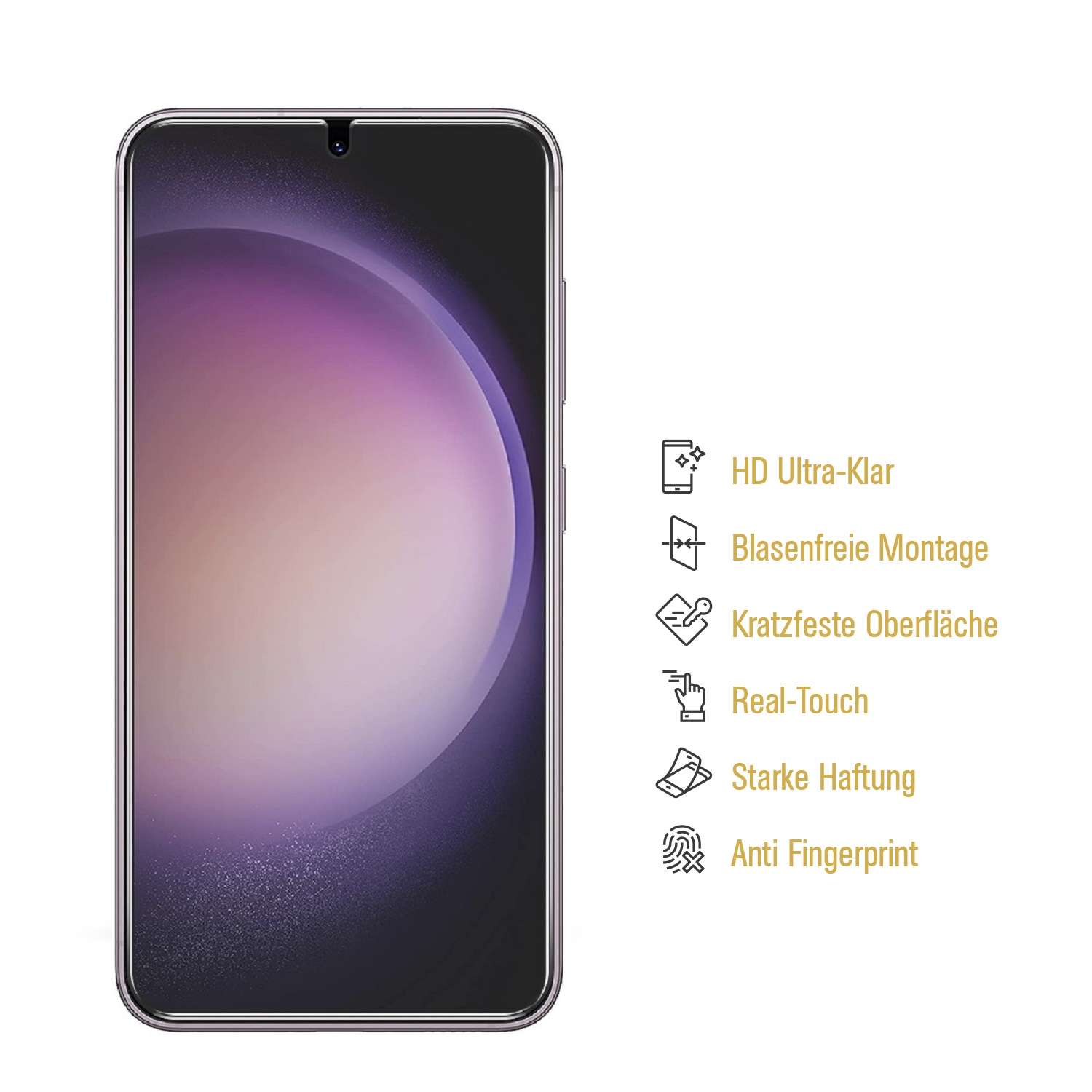 Ein Smartphone neben Symbolen, einschließlich Fingerabdruck und HD klar. Text an der Seite.