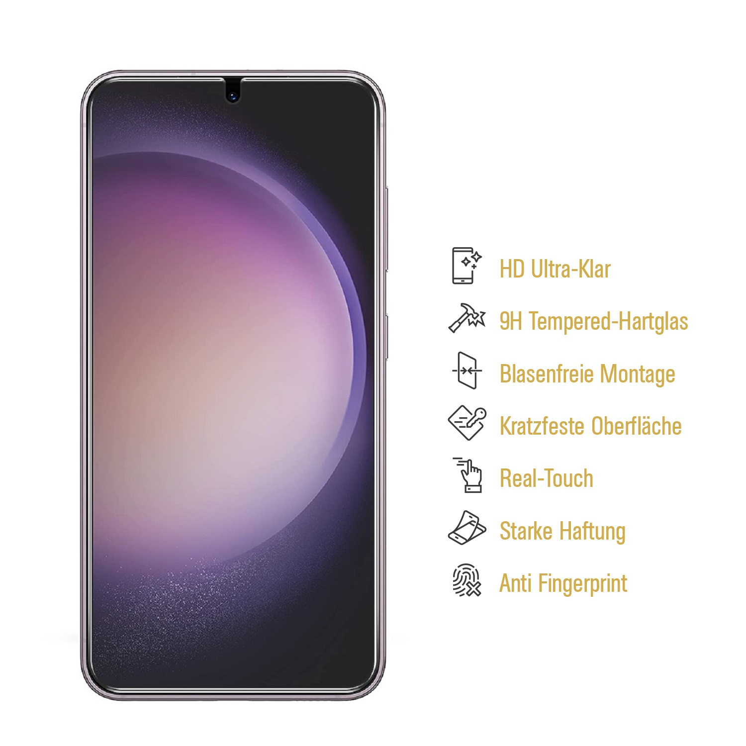 Displayschutzfolie auf einem Telefon, mit Details auf der rechten Seite. Es hat HD Ultra Clear und 9H Hartglas.