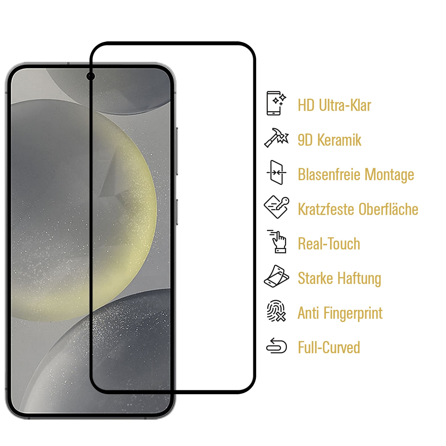 Schwarzer Displayschutz auf einem Telefon. Funktionen sind auf der rechten Seite aufgelistet.