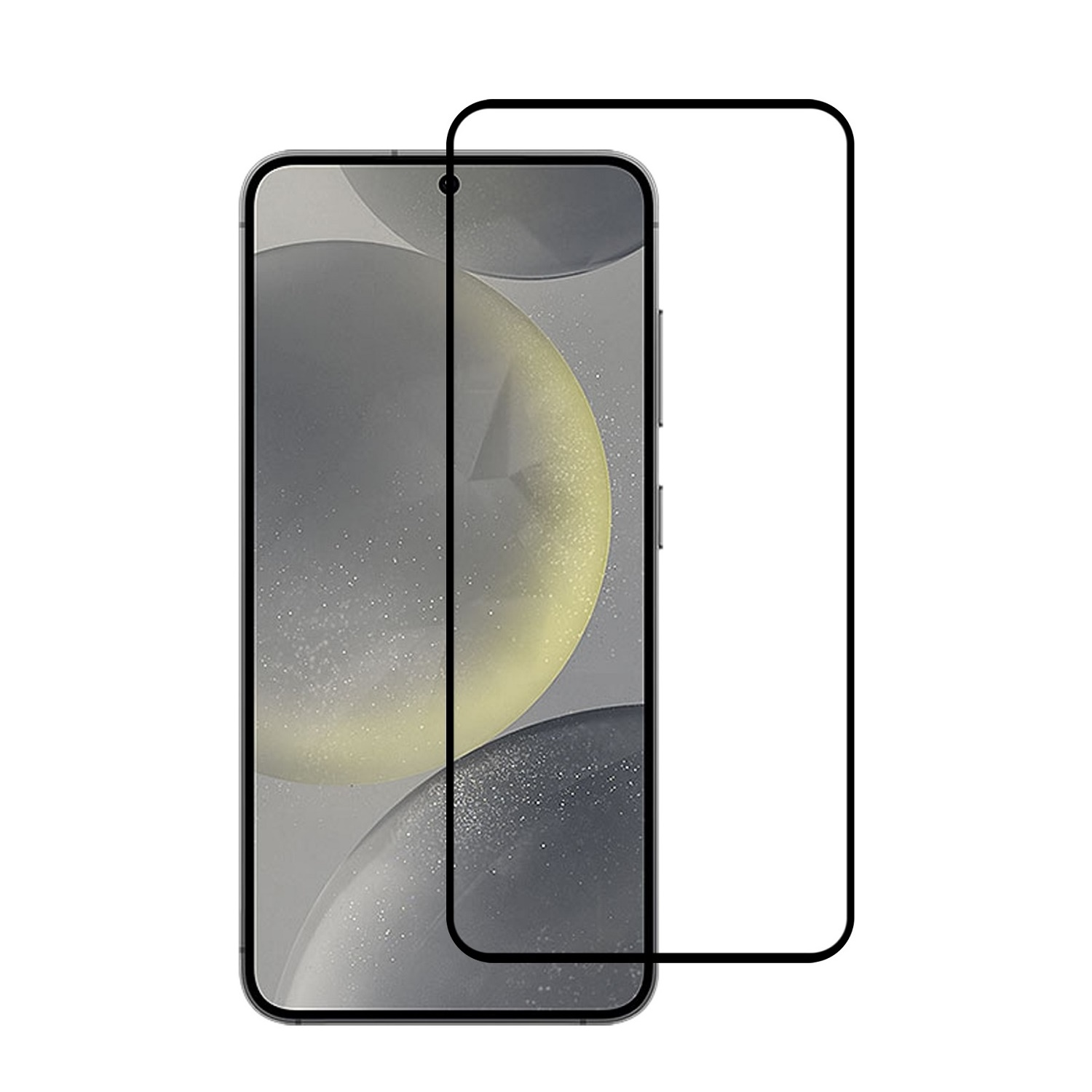 Schwarzes Smartphone mit aufgebrachter Glasschutzfolie, vor weißem Hintergrund.