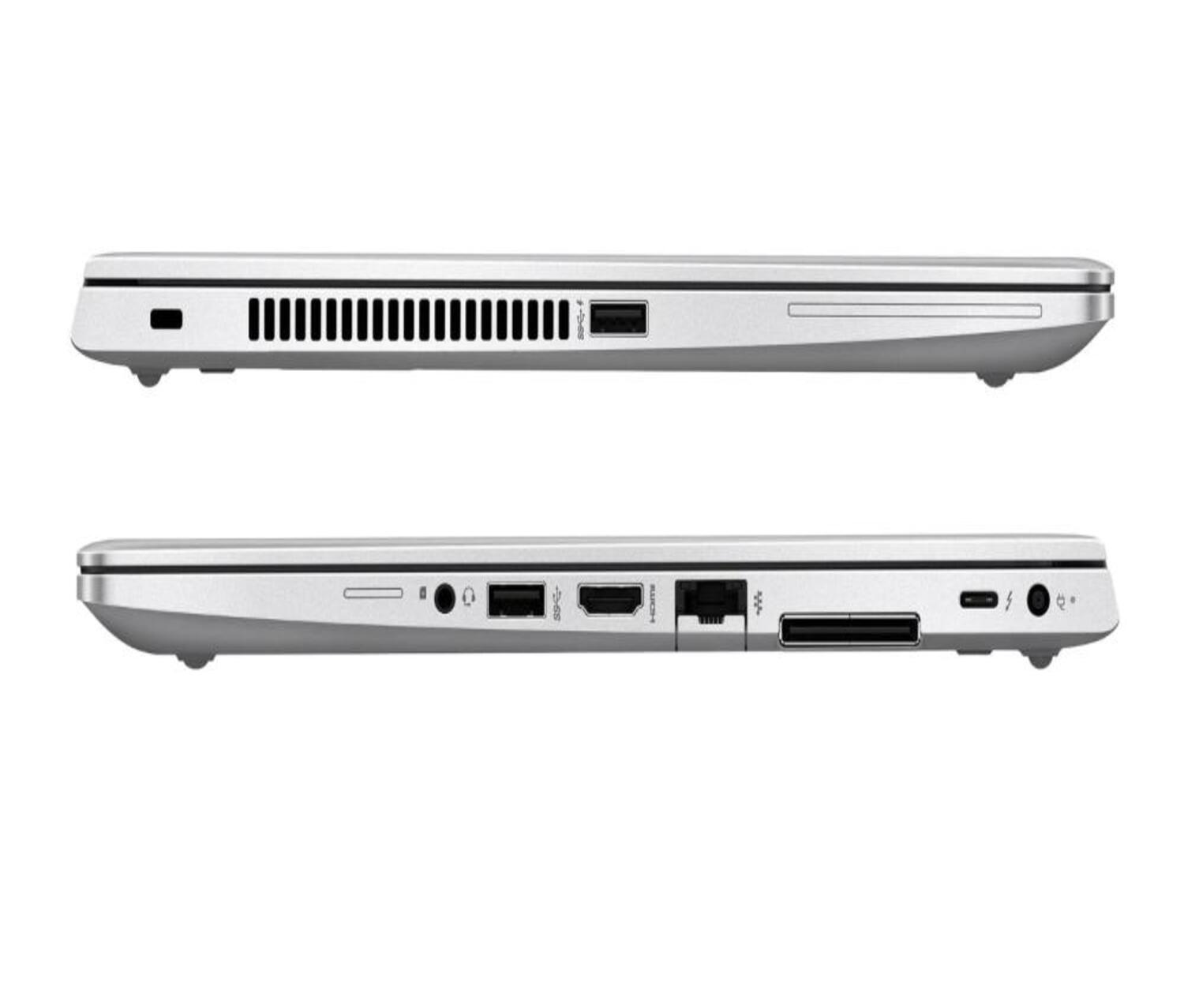 Silberner Laptop-Seitenansicht mit Anschlüssen und Lüftungsschlitzen. Obere und untere Ansichten sind dargestellt.