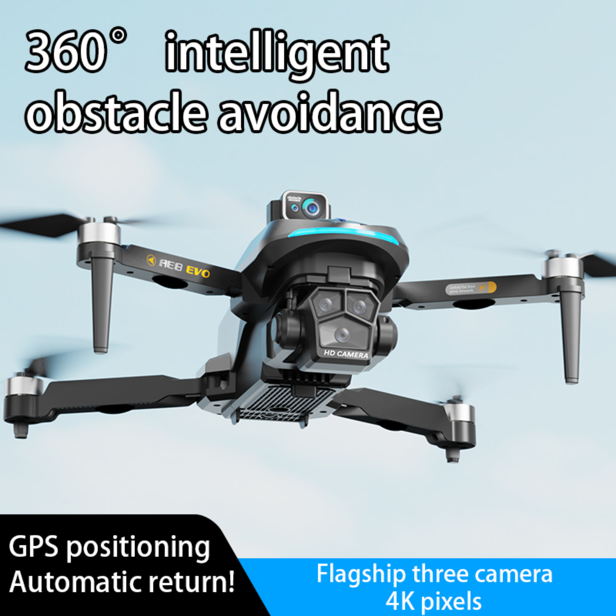 Eine Drohne im Flug mit Text über Hindernisvermeidung und 4K-Kamerafunktionen.
