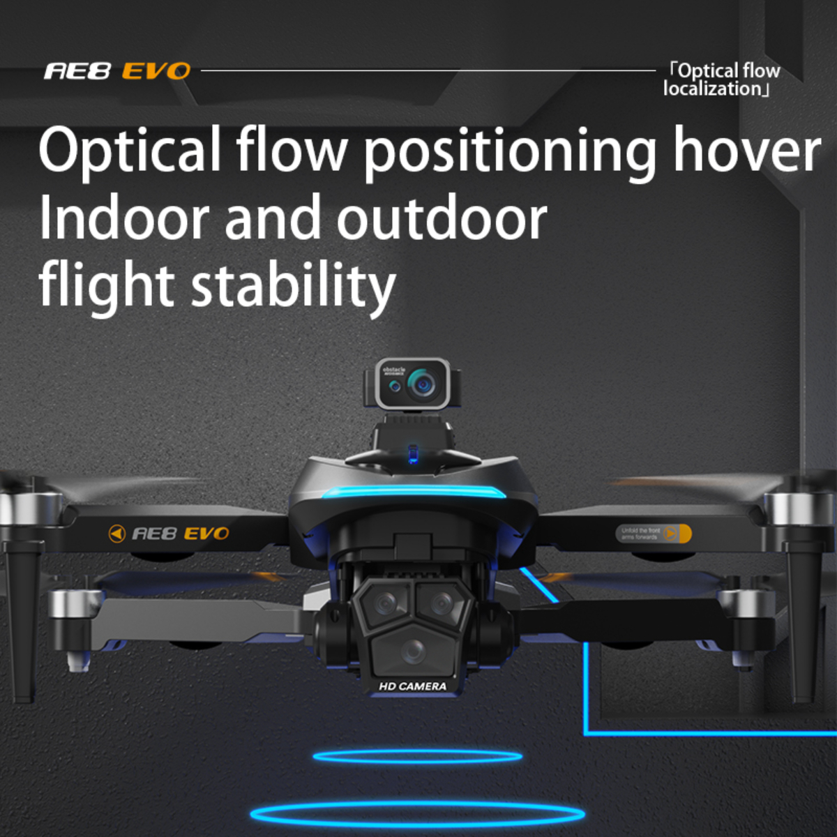 Drohne mit HD-Kamera, optischer Fluss-Positionierung und Text zur Flugstabilität.