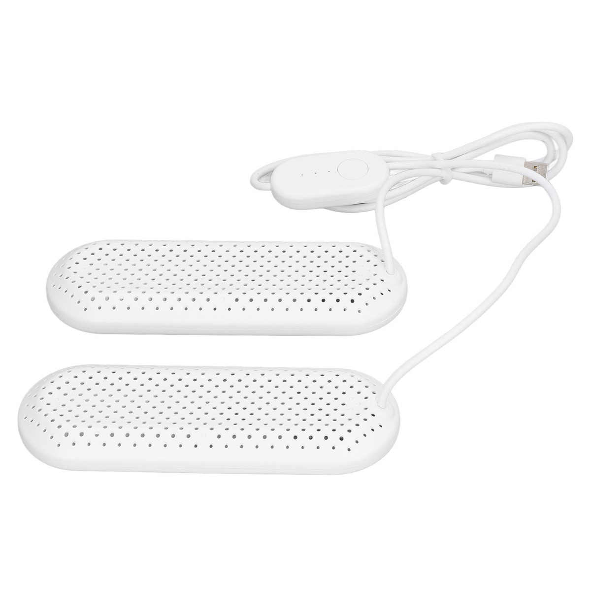 Zwei weiße Schuhtrockner mit Löchern. Sie sind mit einem weißen Kabel verbunden.