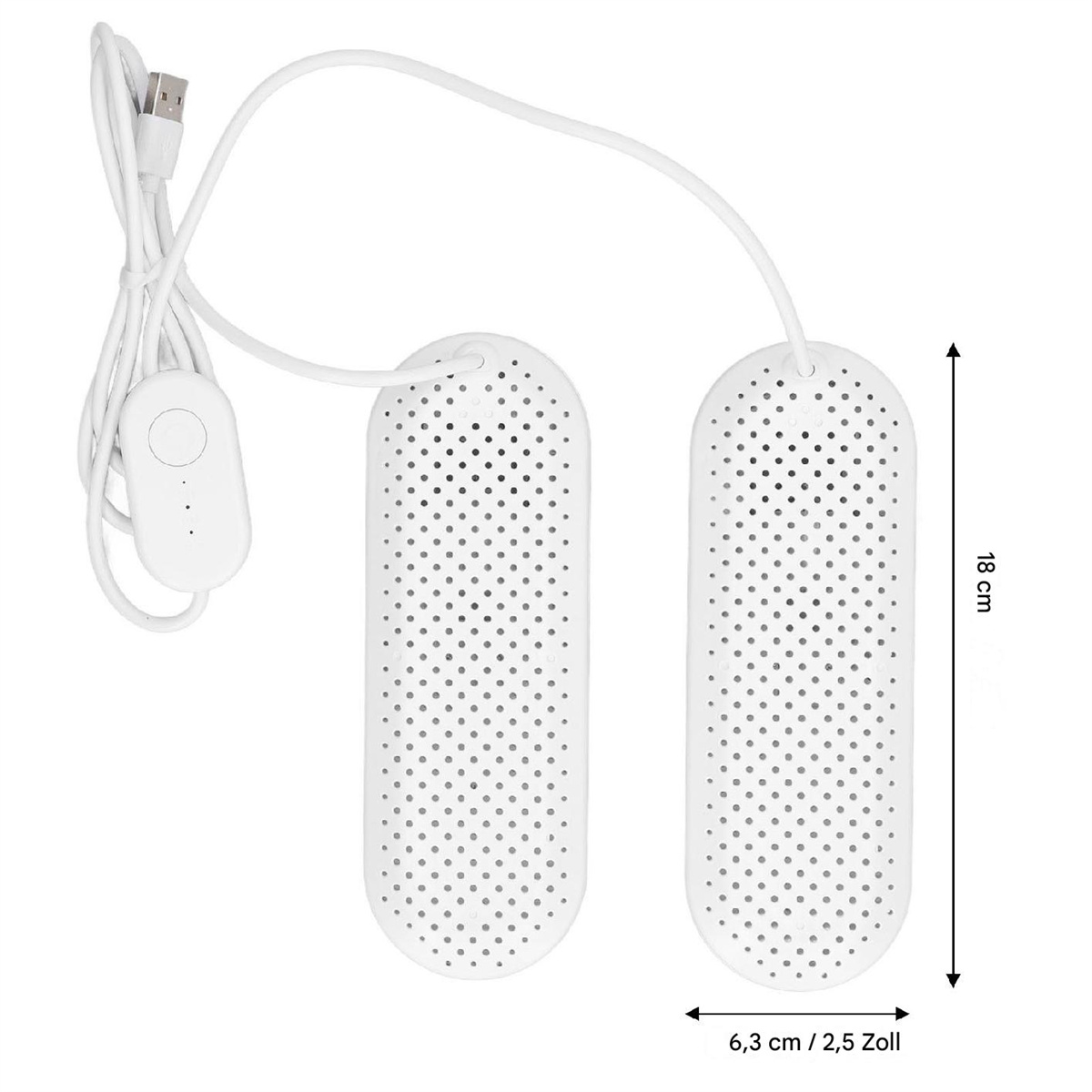 Weißer Schuhtrockner mit USB-Kabel. Der Trockner hat zwei längliche Teile mit vielen Löchern.