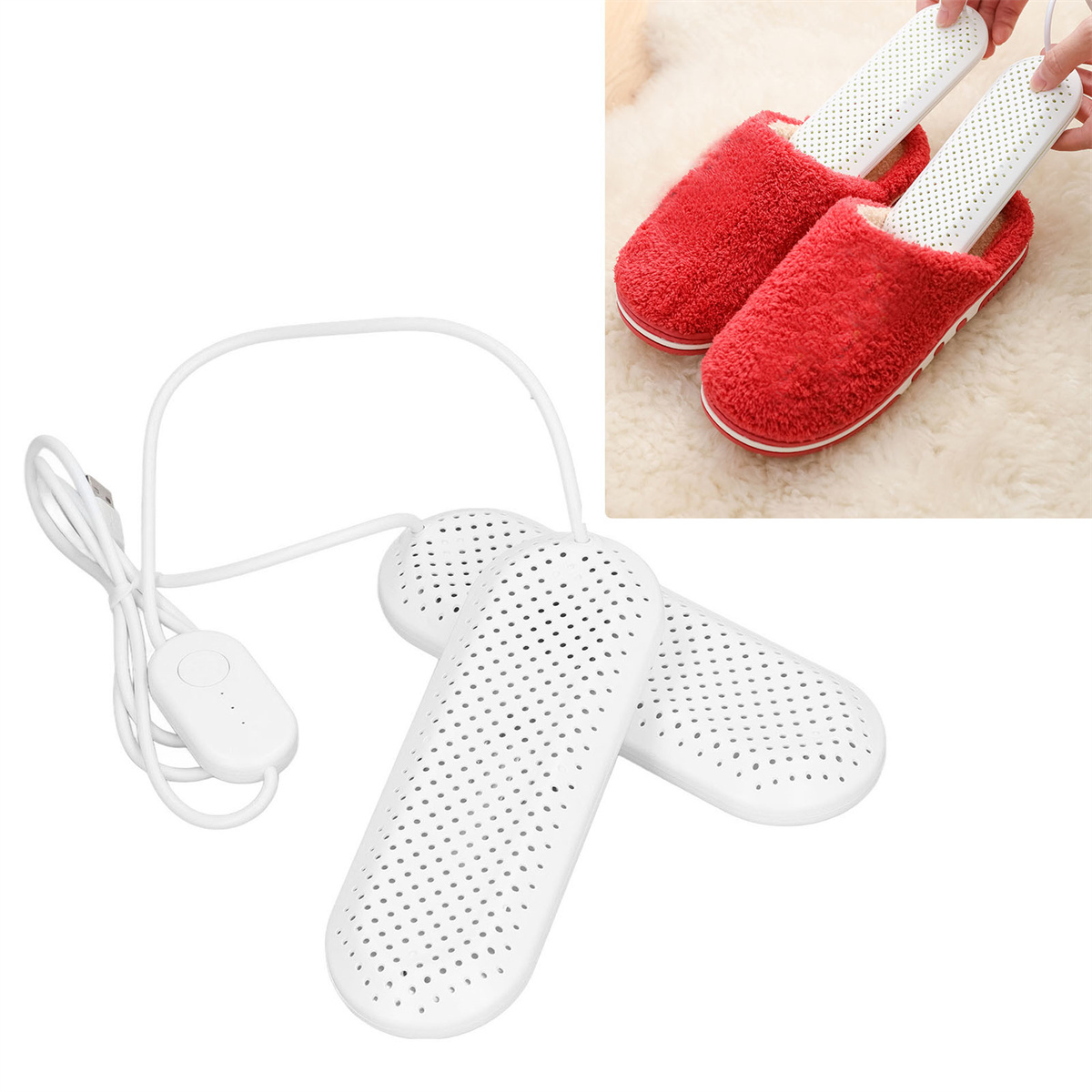 Weißer Schuhtrockner mit weißem Netzkabel. Rote Hausschuhe.