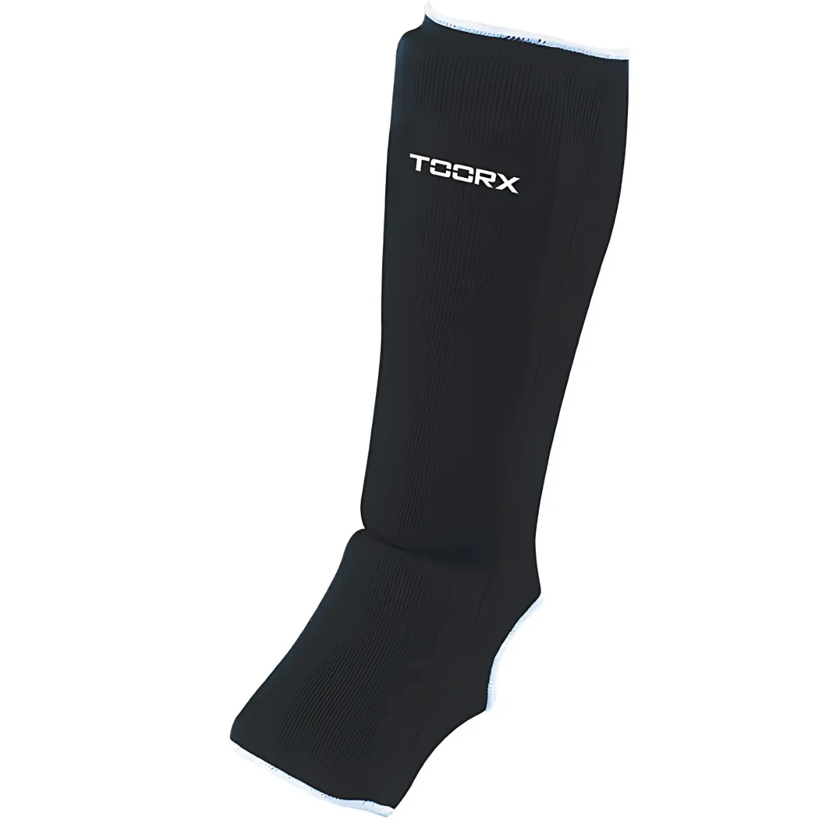 Schwarzer Schienbeinschützer mit weißem Rand, mit dem Text 'TOORX'.