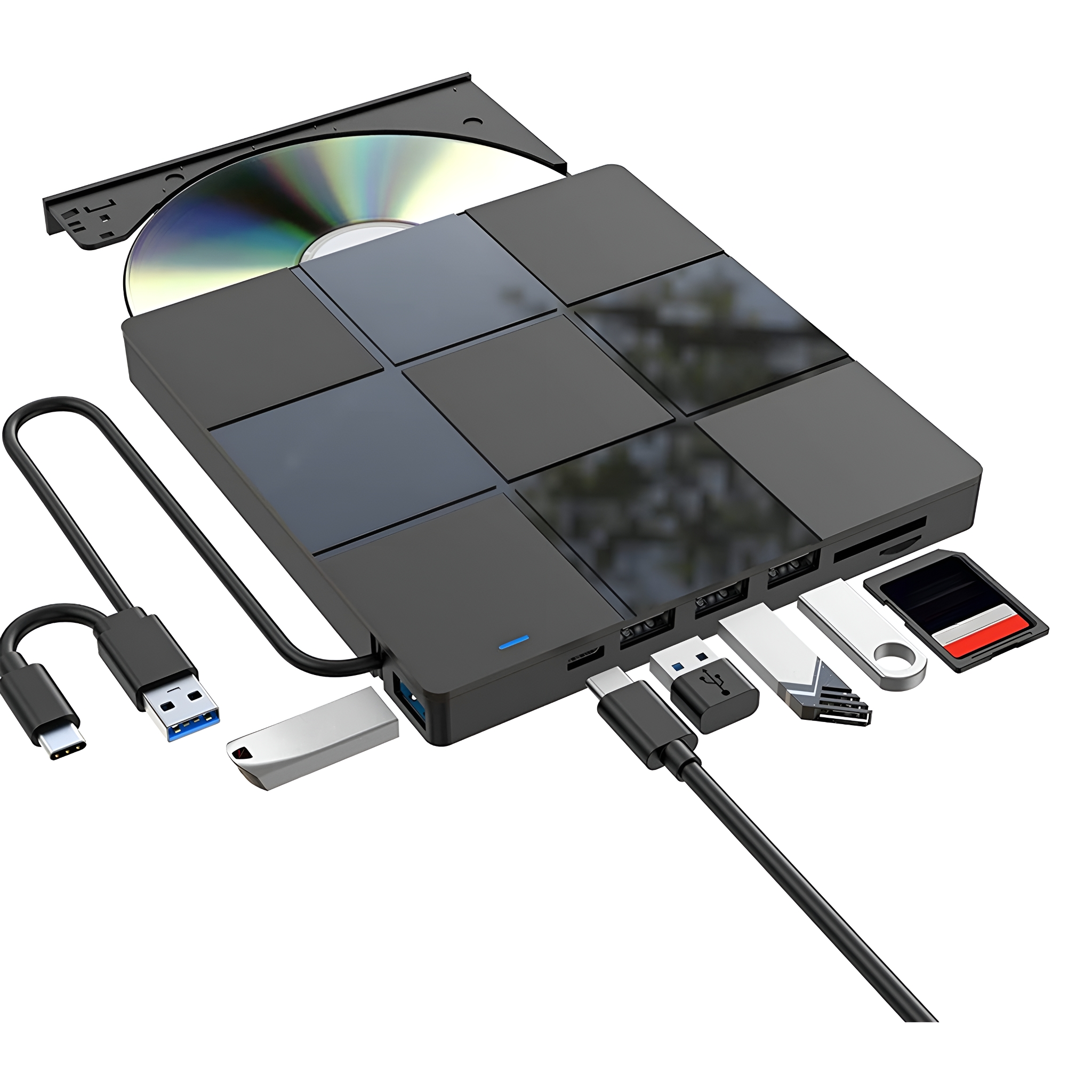 Schwarzer Hub mit mehreren USB-Anschlüssen, einem CD-Laufwerk und einem USB-Kabel.