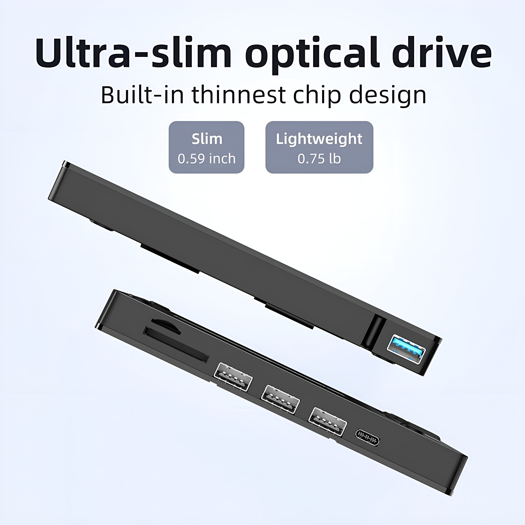 Zwei schwarze USB-Hubs mit Anschlüssen und USB-Anschlüssen, die auch schlanke und leichte Eigenschaften zeigen.