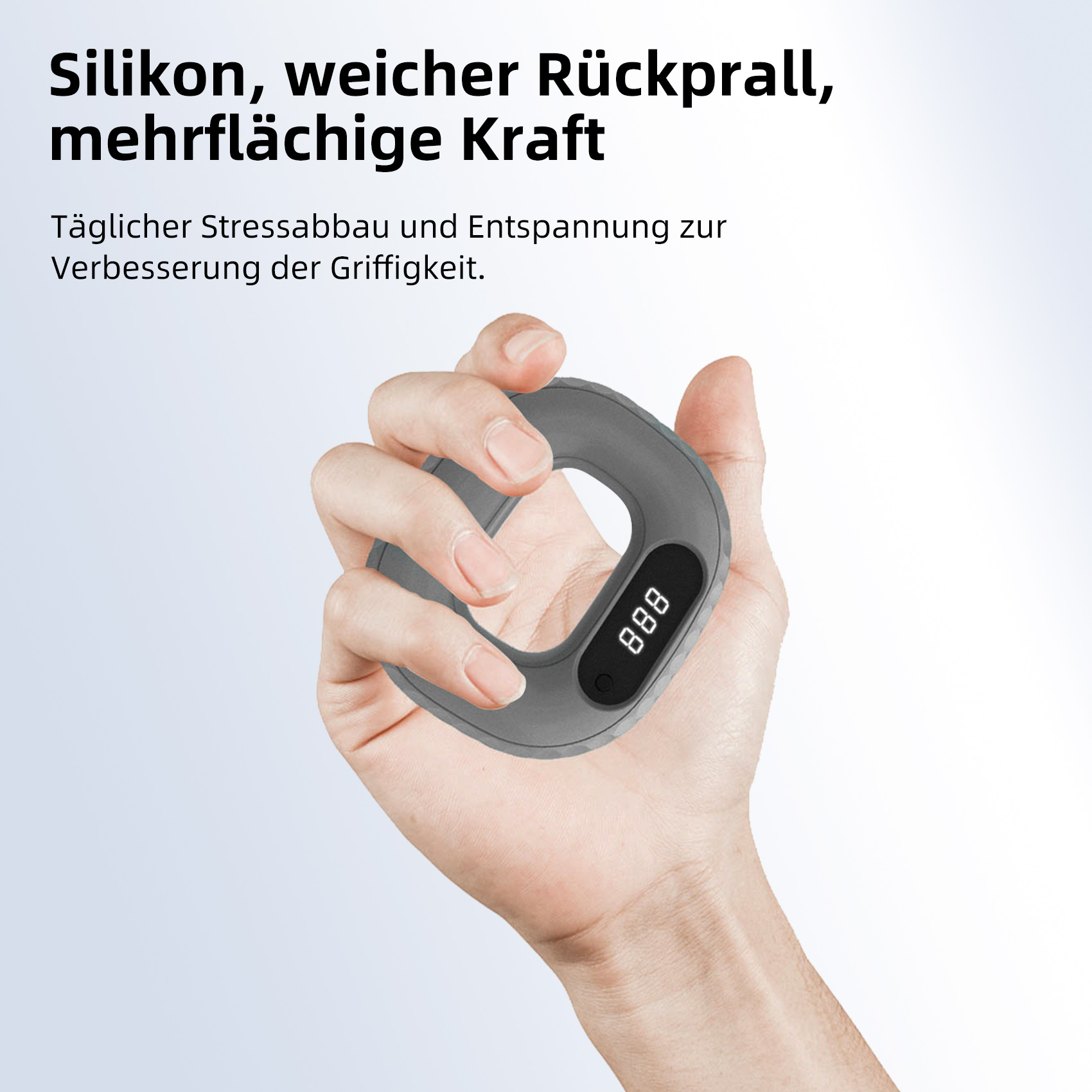 Hand hält einen grauen Handgriff-Trainer mit Digitalanzeige '888'.