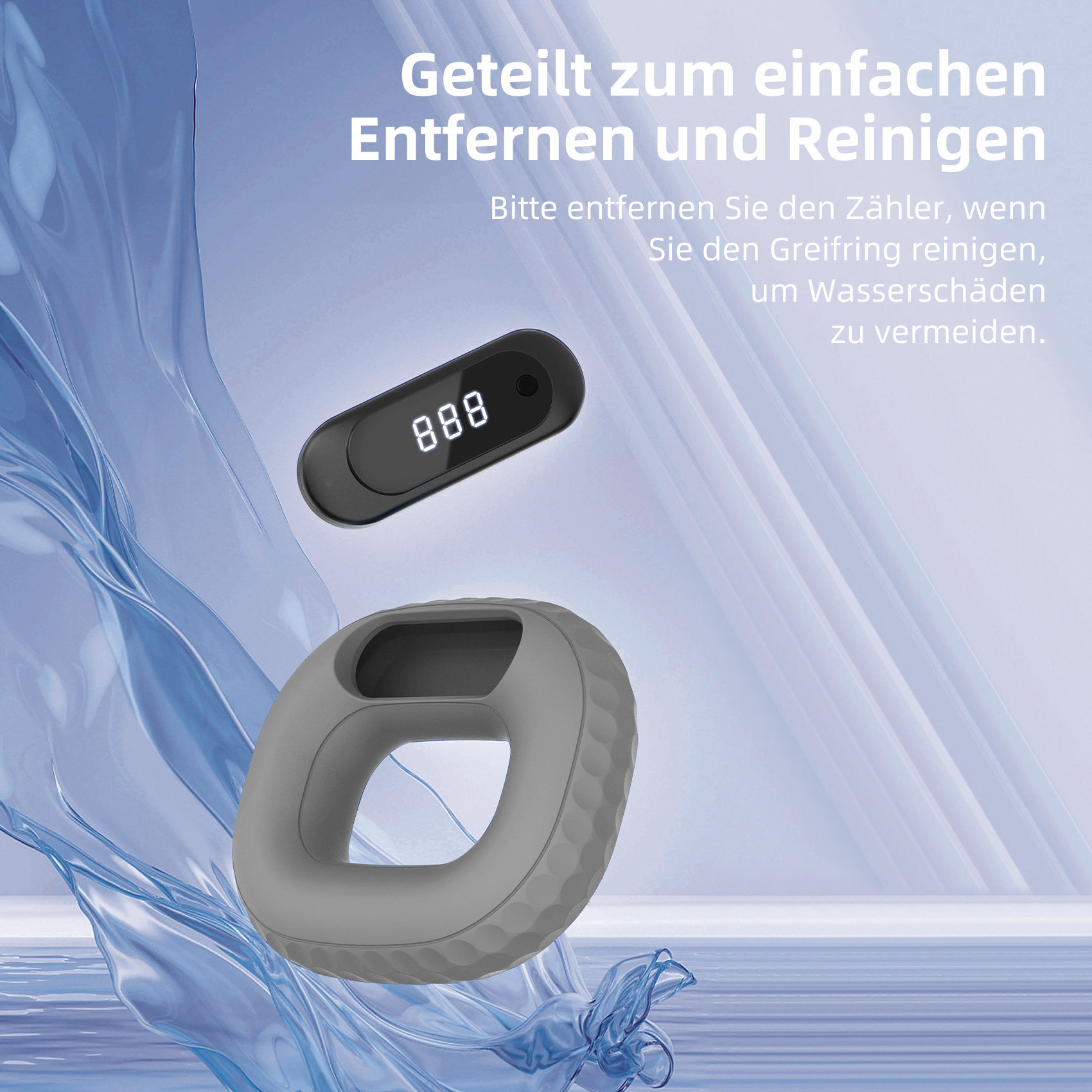 Ein grauer Handtrainer mit Digitalanzeige und separatem Anzeigeteil.
