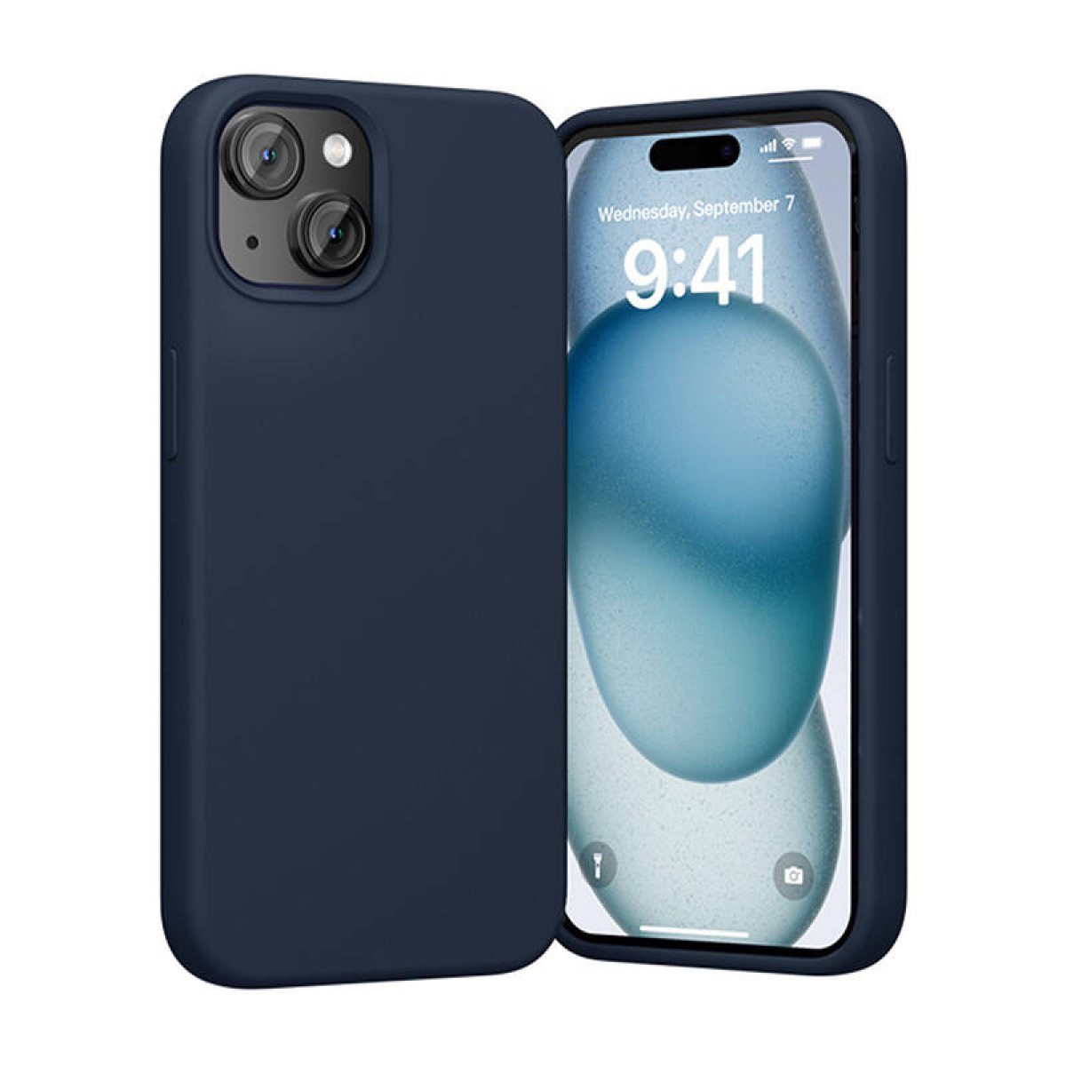 Eine marineblaue Handyhülle neben einem Telefon mit einem Bildschirm, der eine Uhr anzeigt.