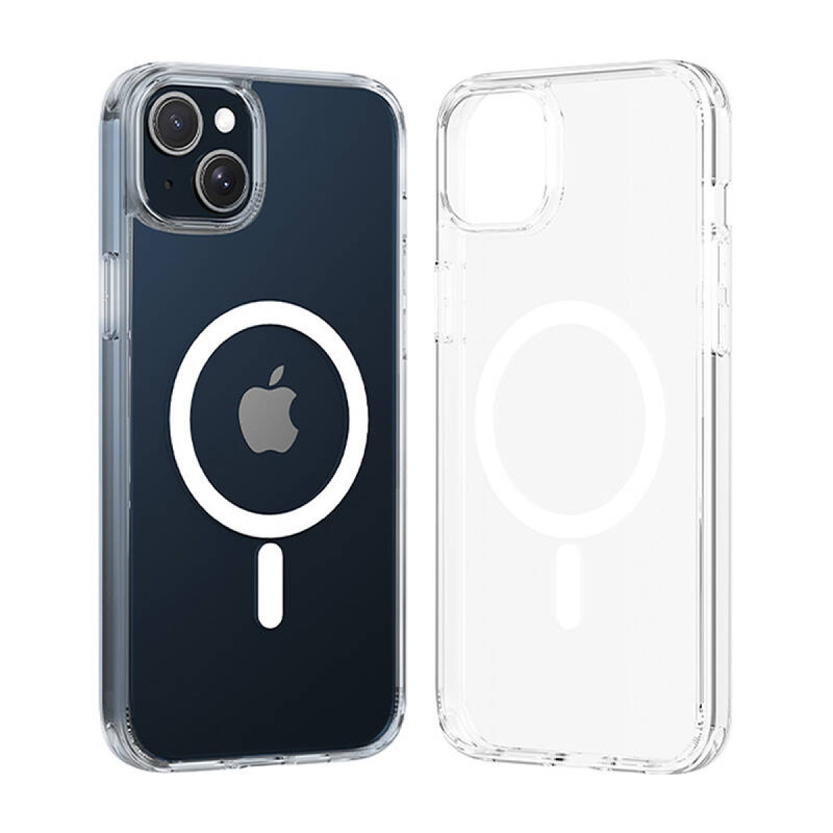 Zwei transparente Handyhüllen. Eine hat eine dunkelblaue Rückseite mit Apple-Logo und weißem Kreis. Die andere ist transparent.