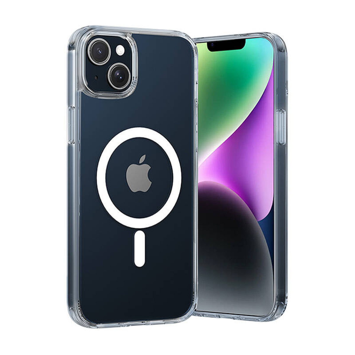 Zwei iPhones in transparenten Hüllen. Eine Hülle hat einen weißen Kreis mit Minuszeichen und Apple-Logo. Die Telefone sind auf weißem Hintergrund.