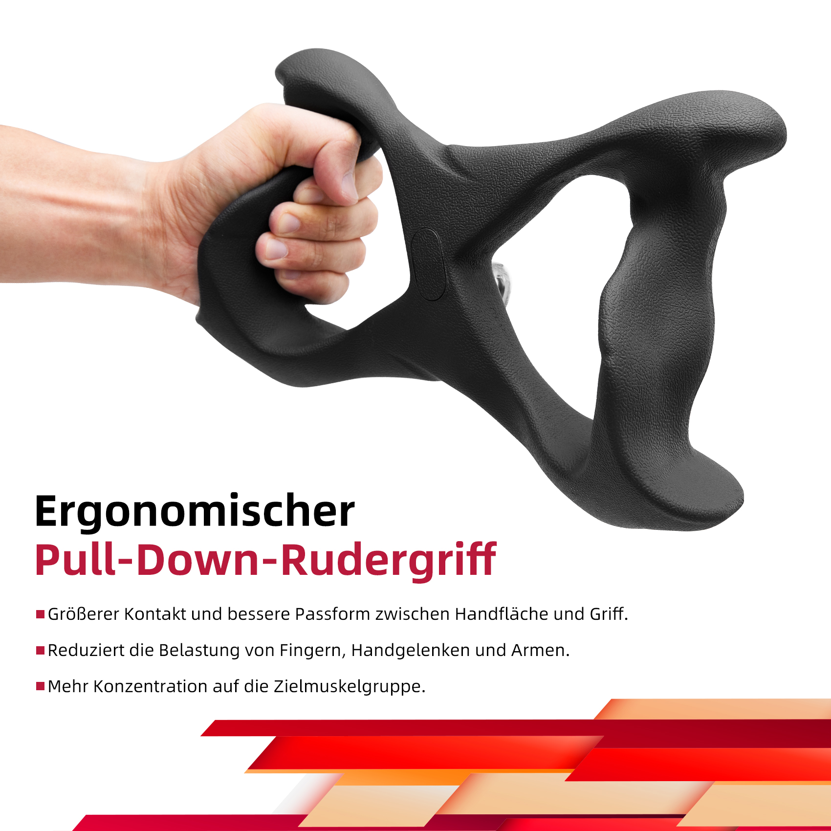 Ein schwarzer Pull-Down-Rudergiff, der von einer Hand gehalten wird. Text links erklärt es.