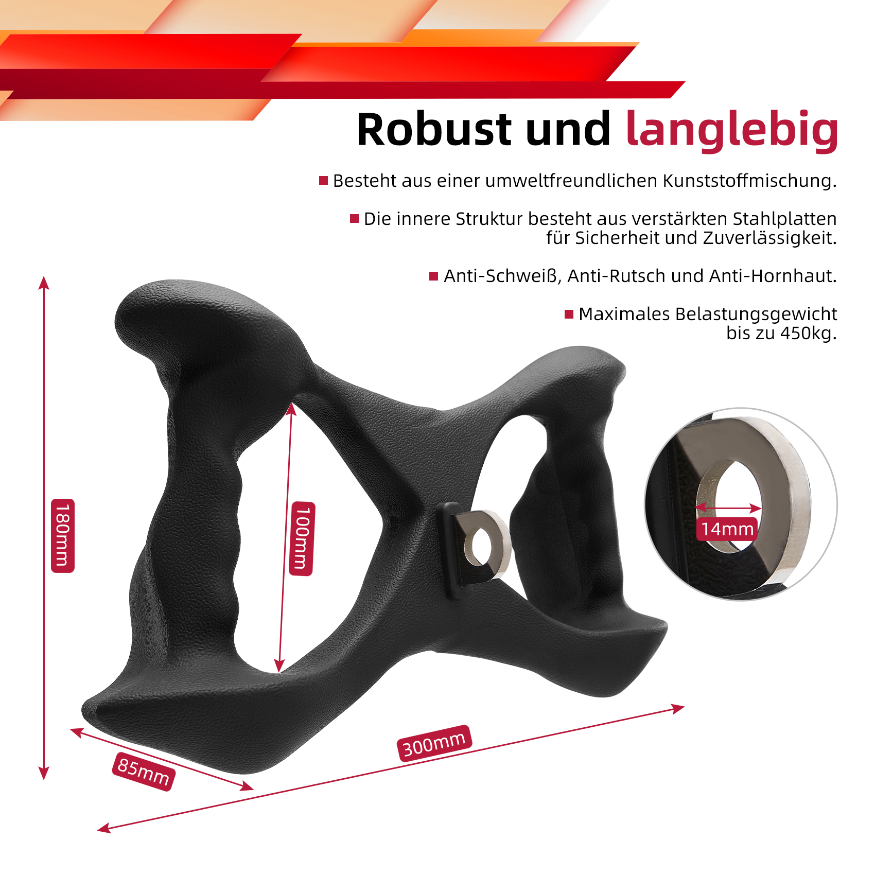 Schwarzer Handgriff. Merkmale: schweißhemmend, rutschfest und kratzfest. Abmessungen: 300 mm lang, 100 mm hoch, 85 mm breit.