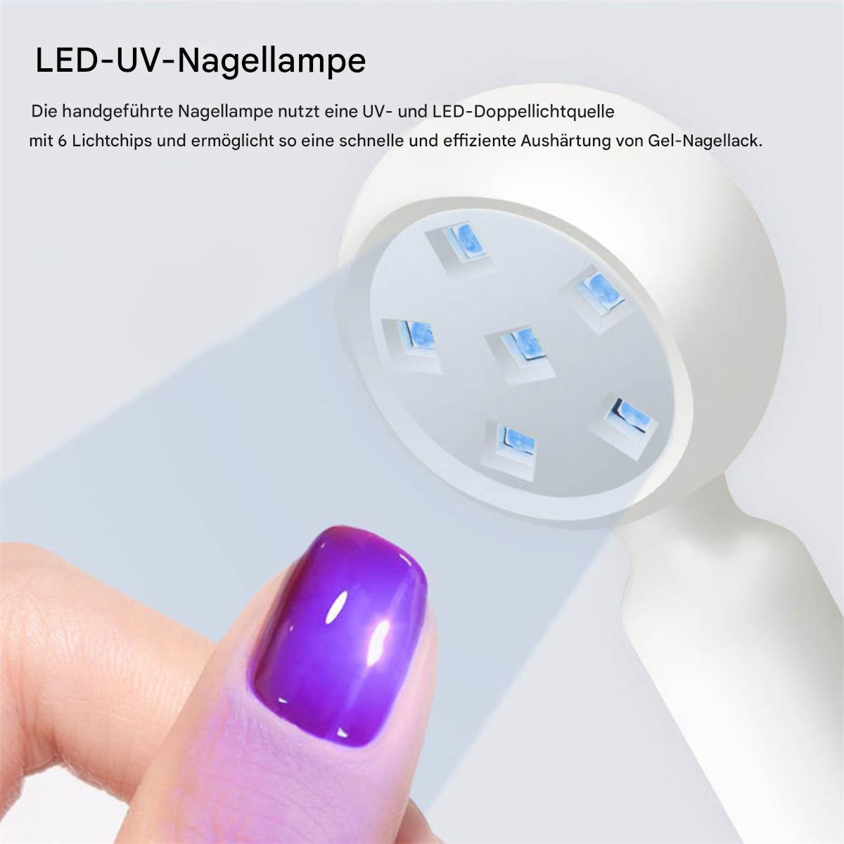 Nahaufnahme eines Nagels mit lila Gelpolitur unter einer LED-UV-Nagellampe. Die Lampe hat 6 blaue Lichter.