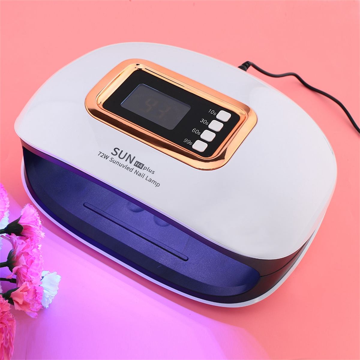 Weiß-goldene Nagellampe mit Digitalanzeige und Knöpfen.