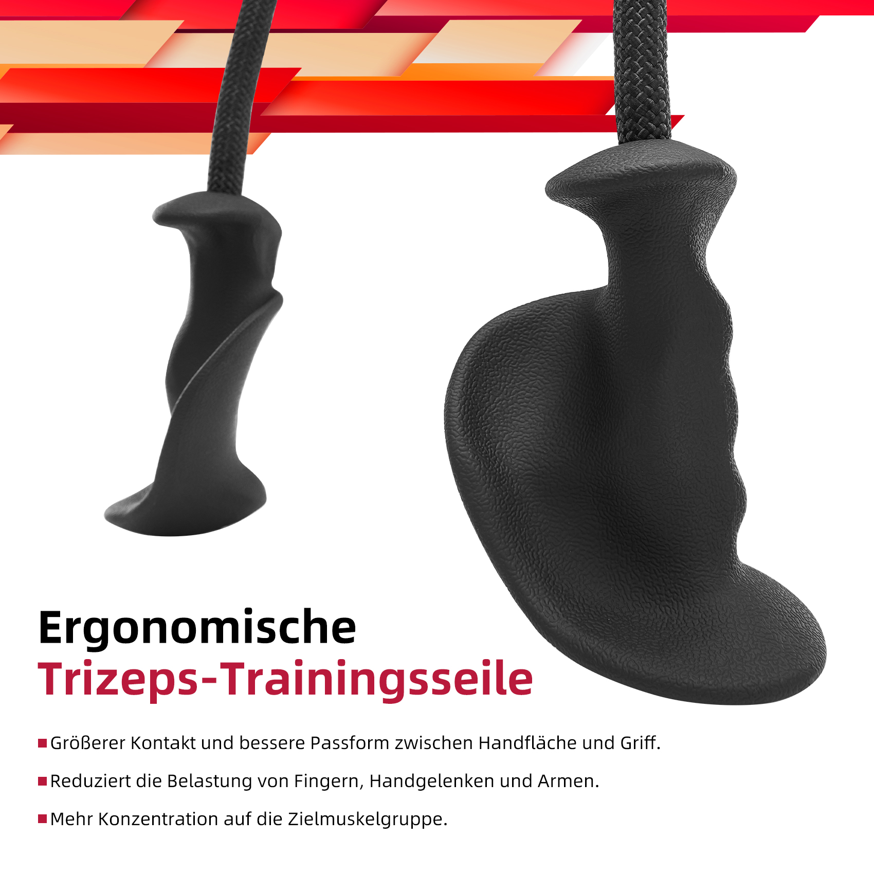 Zwei schwarze Trizeps-Trainingsseile. Text darunter lautet 'Ergonomische Trizeps-Trainingsseile' auf Deutsch.