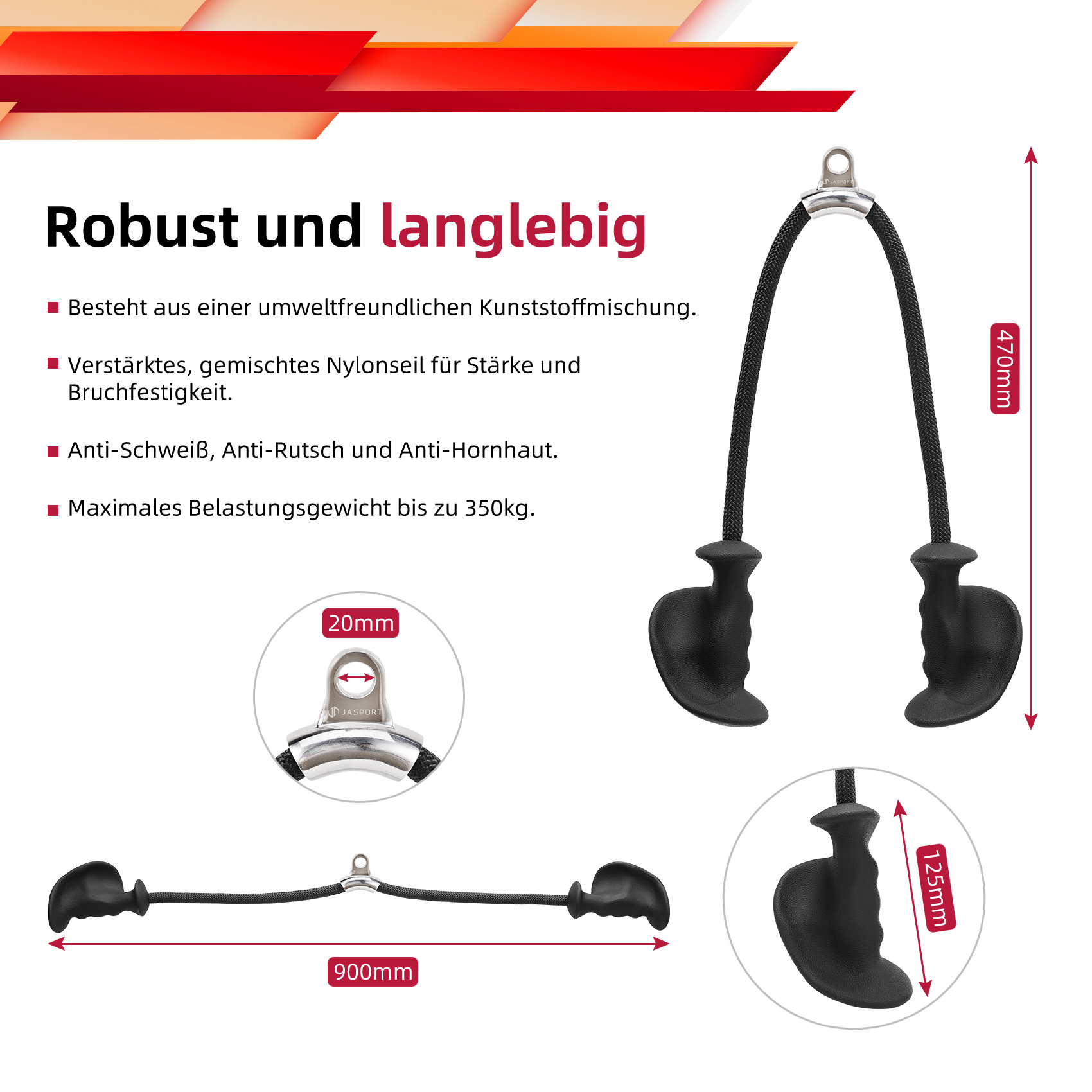 Fitnessgeräte. Schwarze Kabelgriffe mit Text und Maßen. Fokus auf die Griffe.
