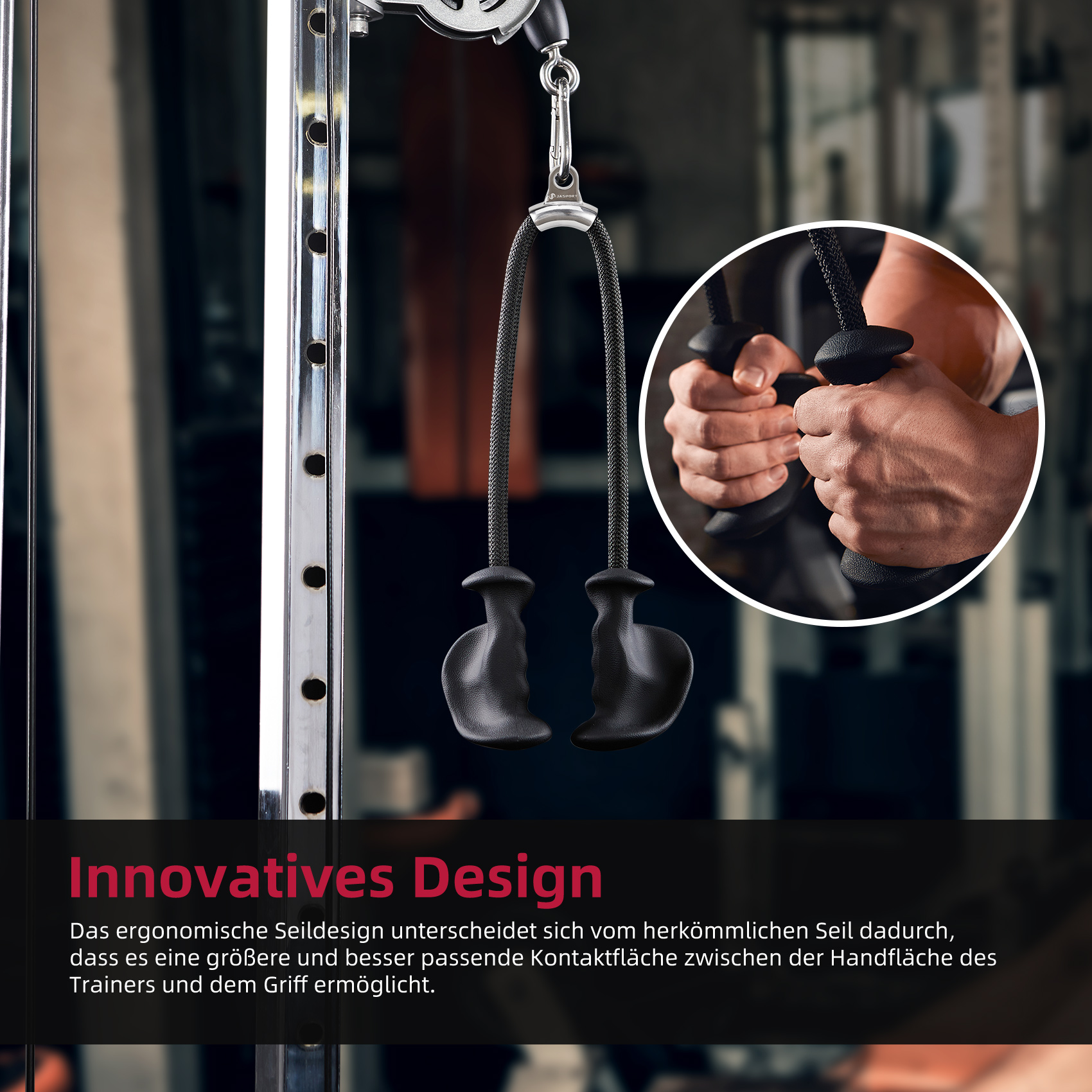 Fitnessgeräte-Griff mit zwei Griffen, Hände halten. Text auf Deutsch über das Design.