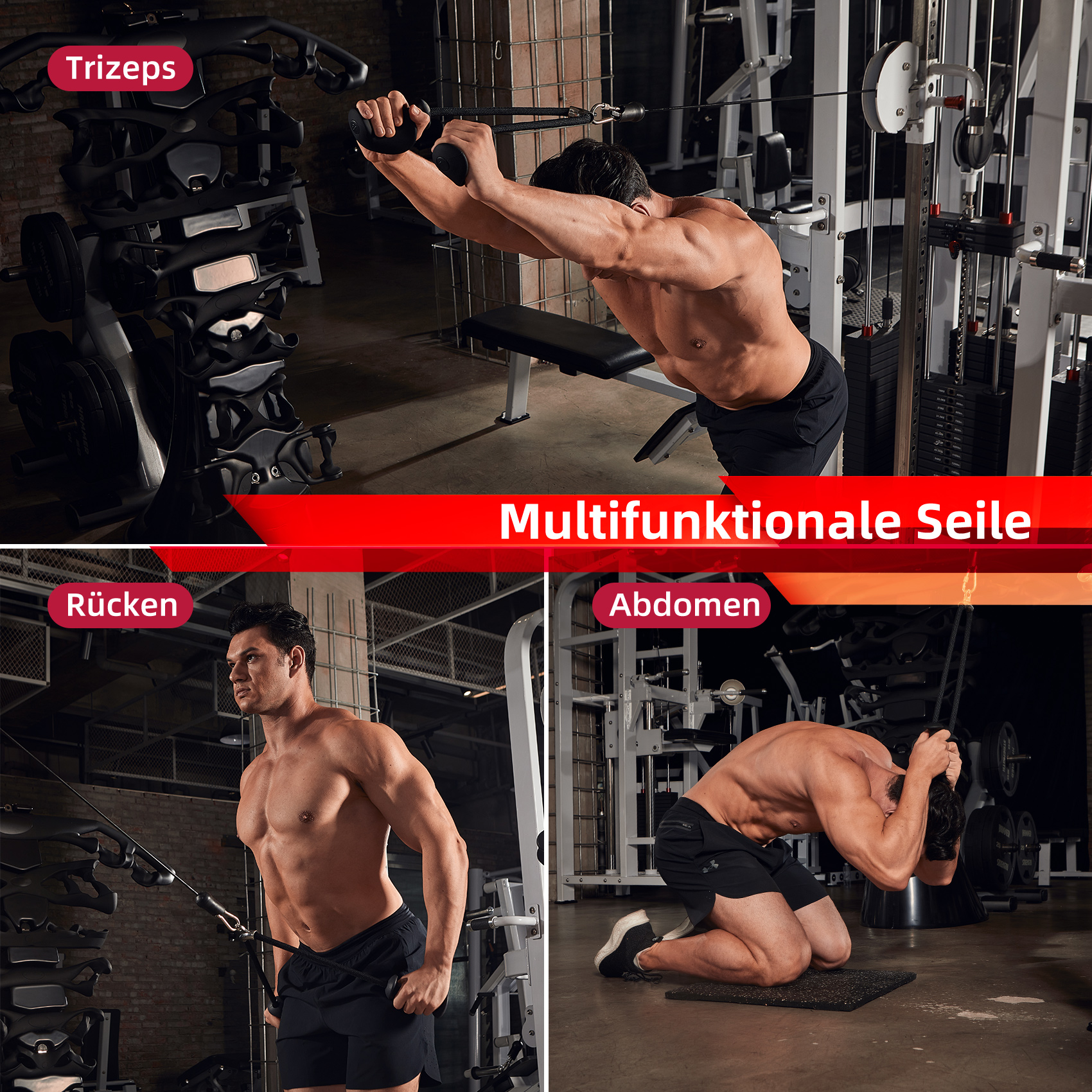 Mann trainiert mit einem Fitnessgerät verschiedene Körperteile. Das Bild zeigt Trizeps-, Rücken- und Bauchübungen.
