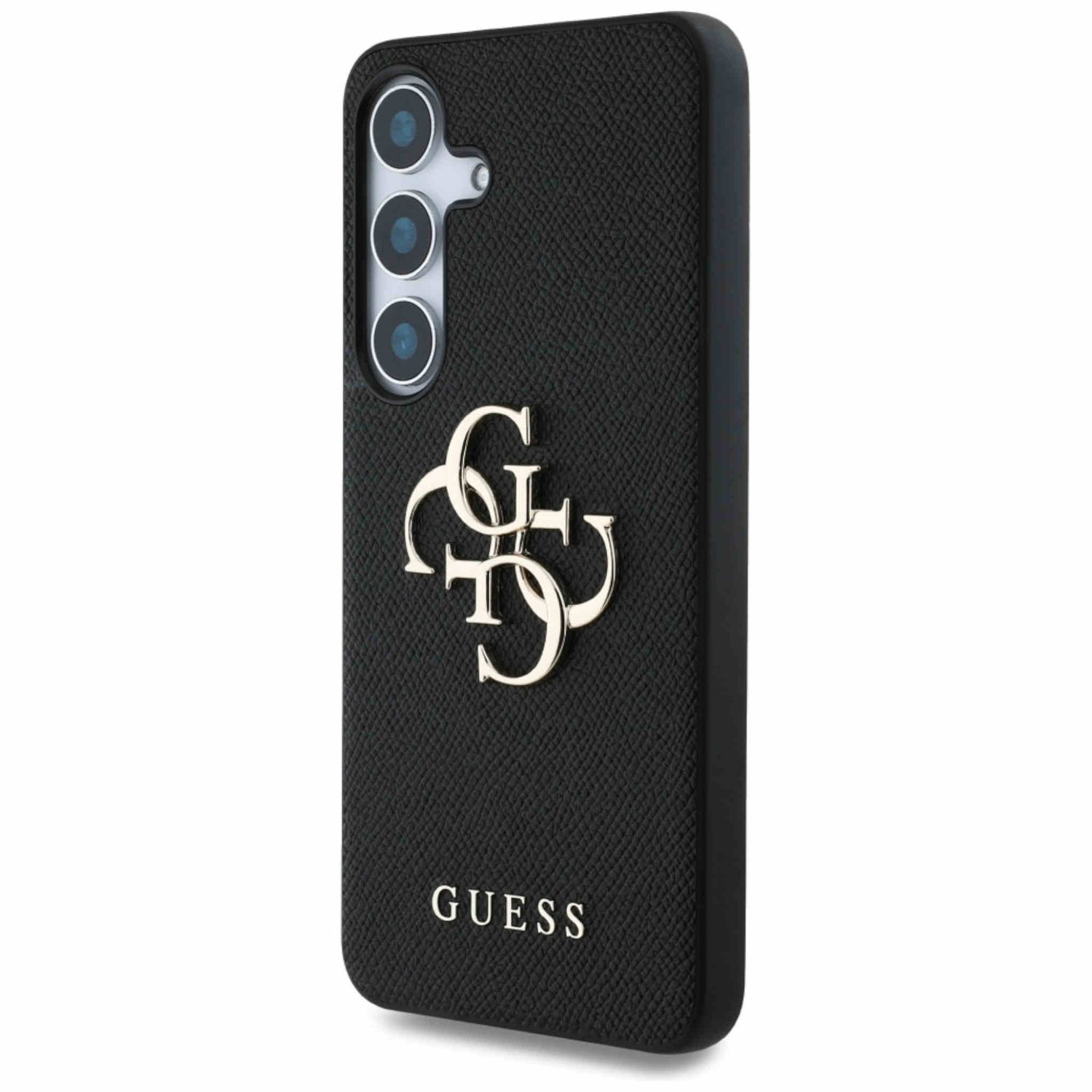 Custodia per telefono nera con logo Guess. Ha una finitura strutturata e un rigonfiamento per la fotocamera.
