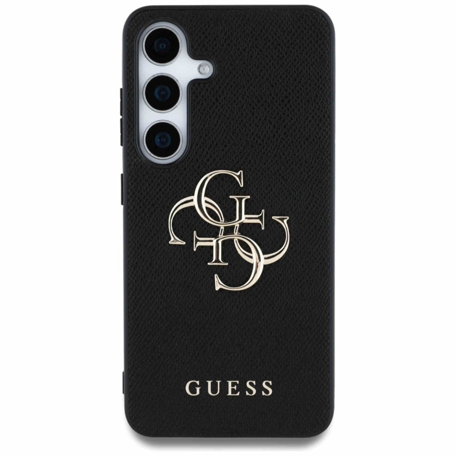 Una custodia per telefono nera con il logo Guess dorato.