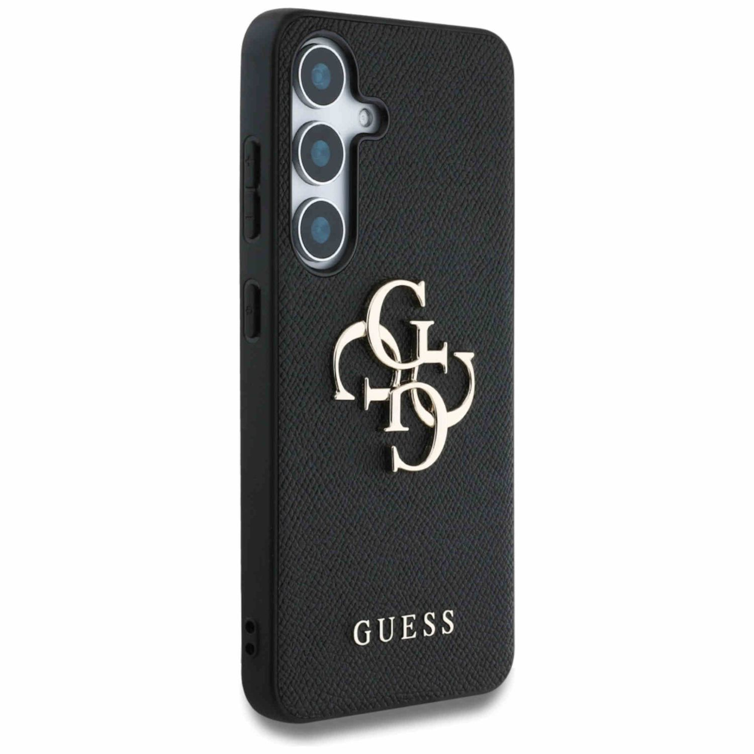Custodia per telefono Guess nera con logo dorato e tre lenti della fotocamera.