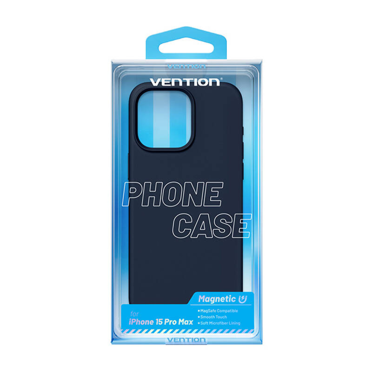 Eine marineblaue Handyhülle in einer durchsichtigen Plastikbox mit dem Namen 'VENTION' oben und 'PHONE CASE'.