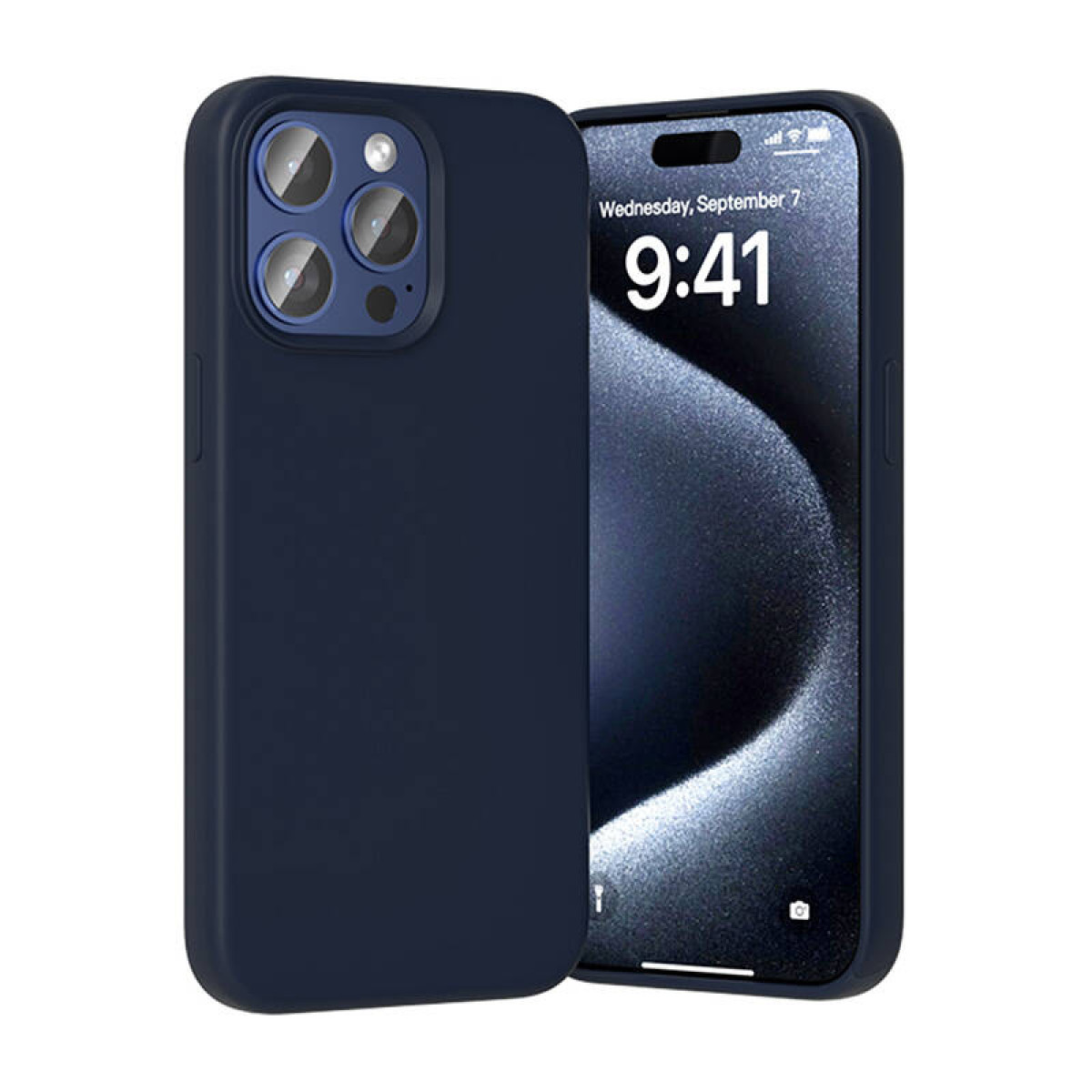 Eine marineblaue Handyhülle auf einem Telefon. Der Bildschirm zeigt die Uhrzeit und das Datum an.