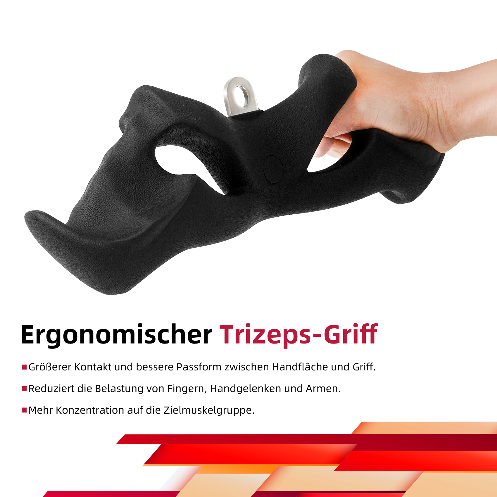 Ein schwarzer ergonomischer Trizepsgriff wird gezeigt, mit einer Hand, die ihn hält. Rote und orangefarbene Elemente.