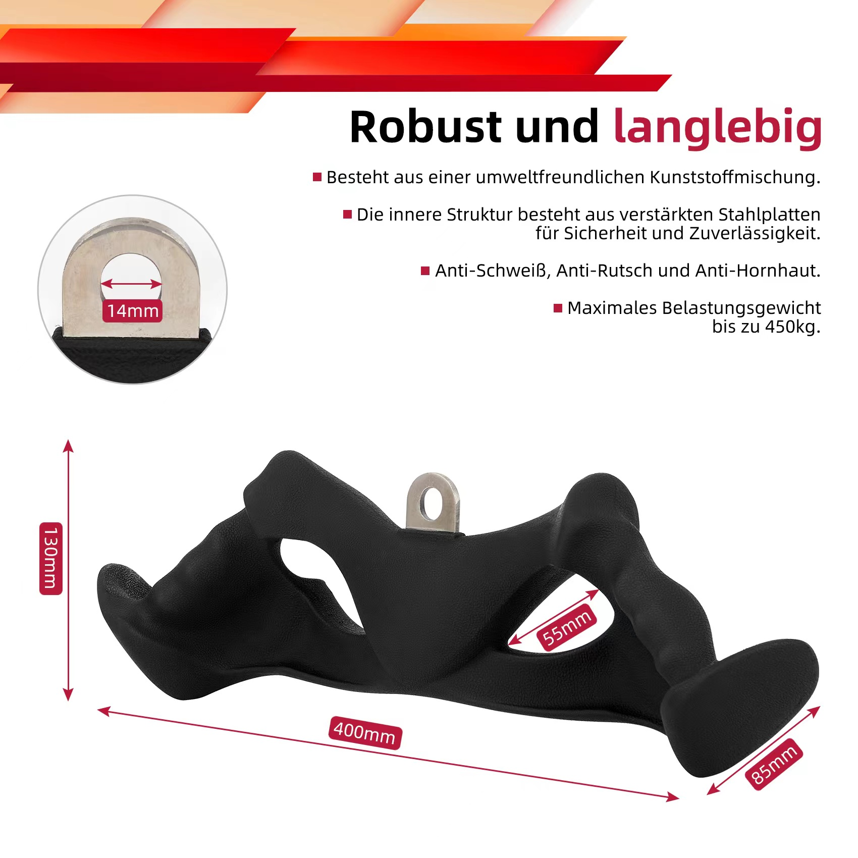 Ein schwarzer Übungsgriff mit Maßen, Text beschreibt Funktionen und Gewichtslimit.