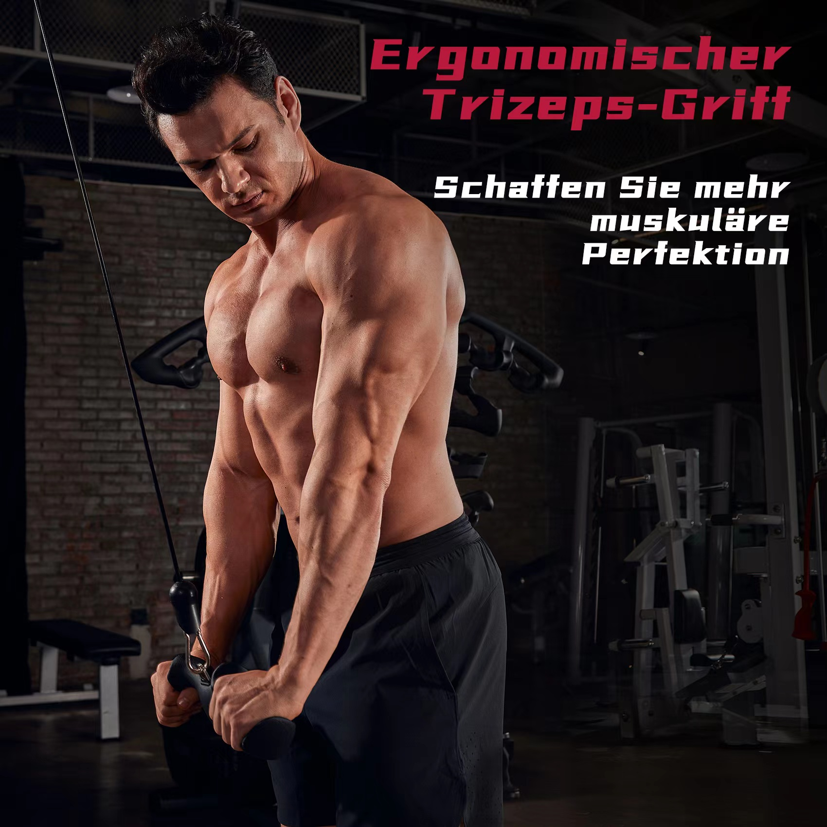 Mann trainiert Trizeps mit Kabelzug, muskulöser Körperbau, Fitnessstudio.