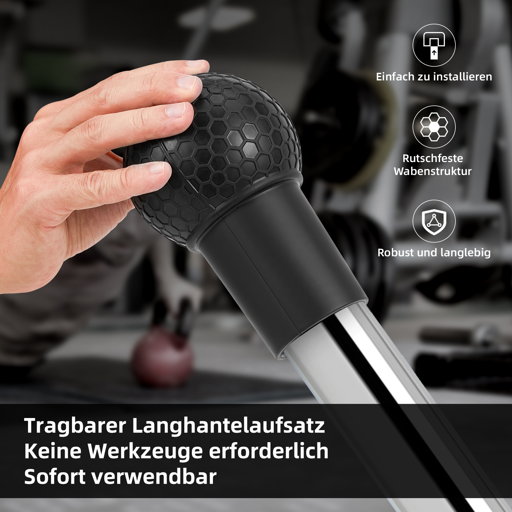 Eine Person hält einen schwarzen Langhantelaufsatz. Text: Tragbarer Langhantelaufsatz, keine Werkzeuge.